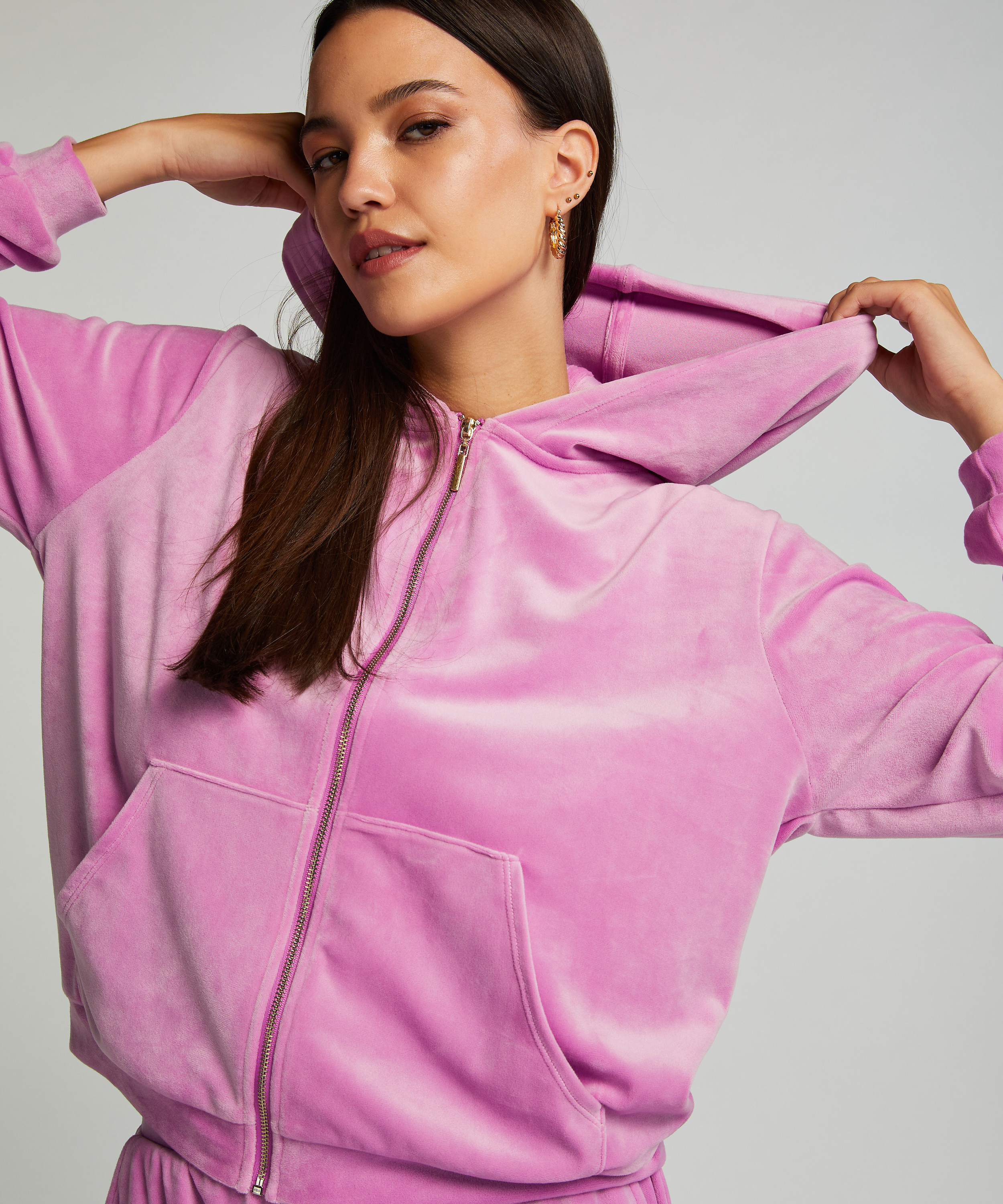Velour hoodie jacket, Pink, main
