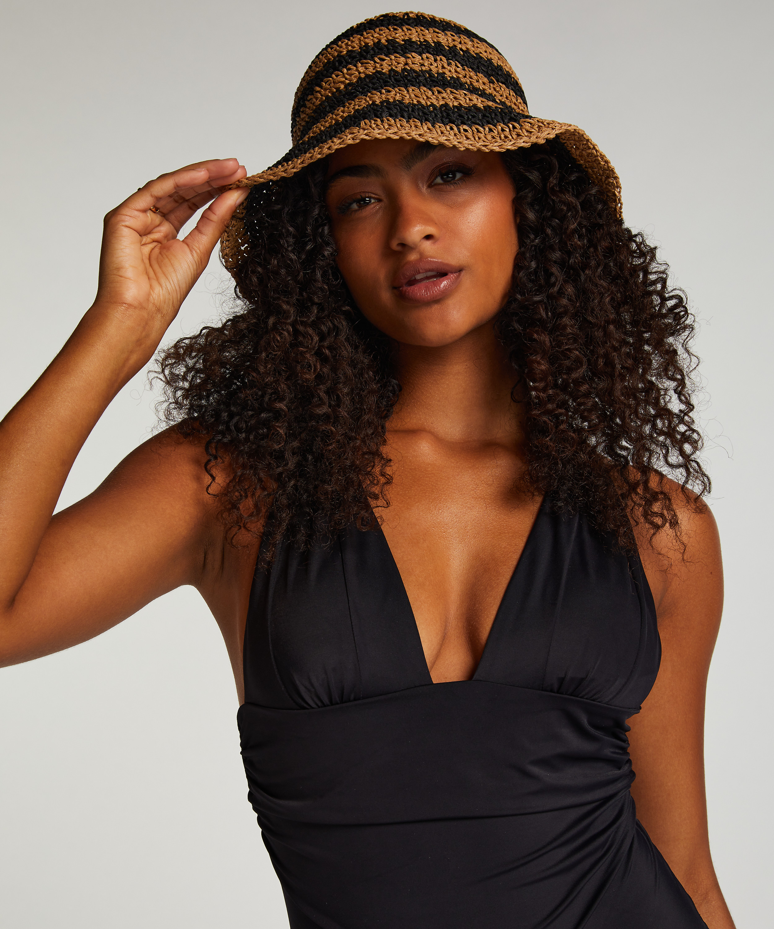 Straw Striped Bucket Hat, Black, main