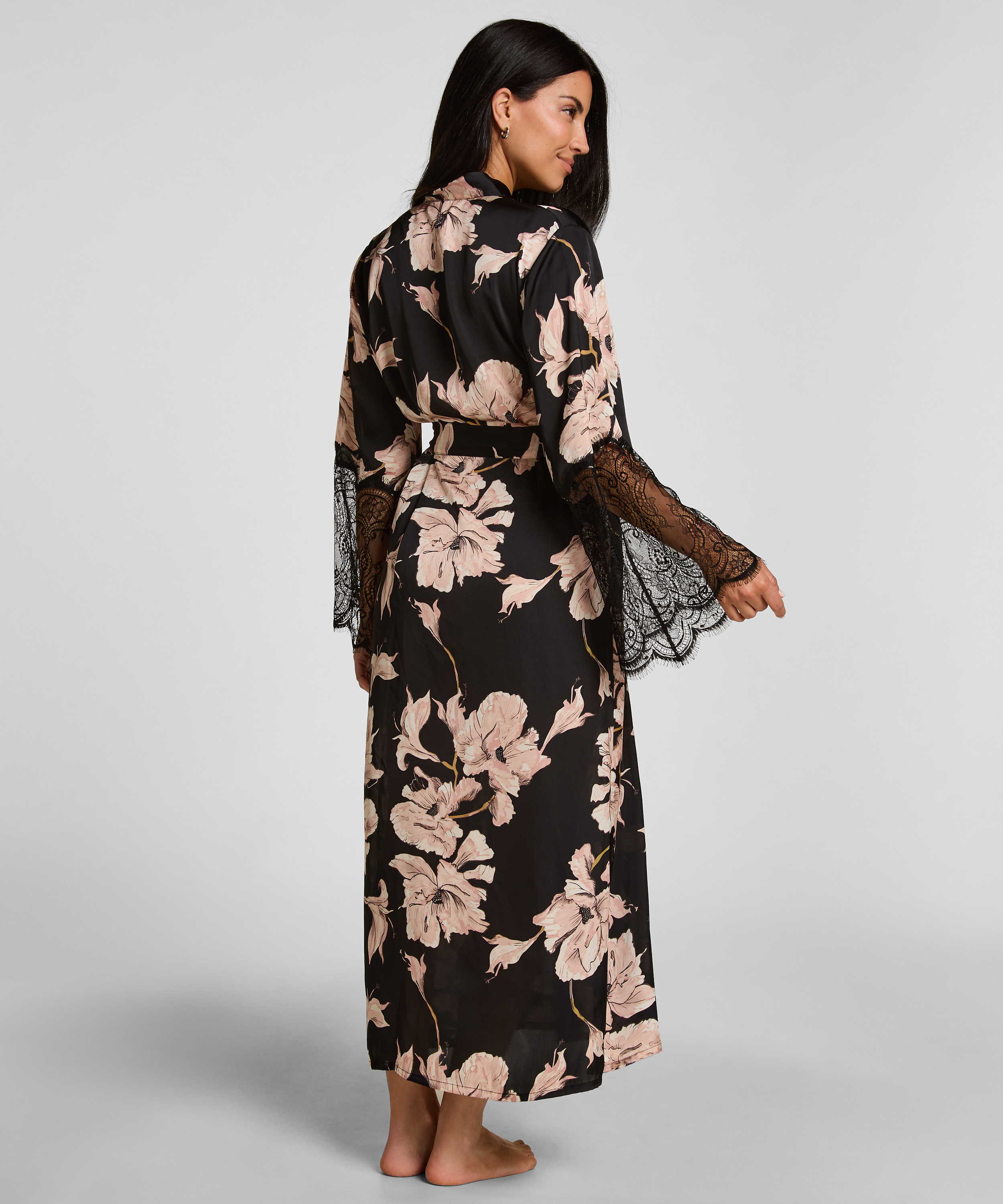 Kimono Long Satin Lace, Black, main
