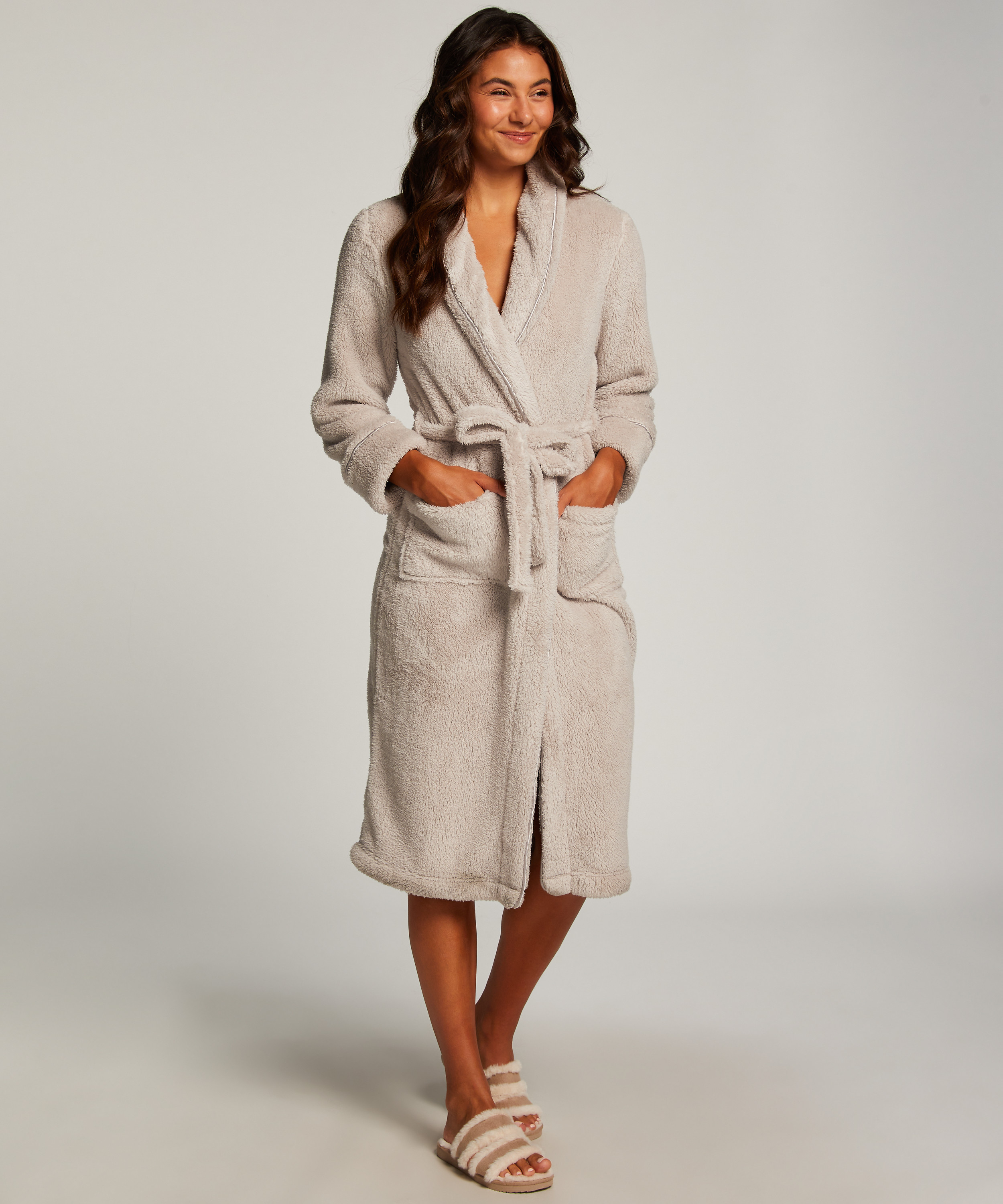 Long Fleece Bathrobe, Brown, main