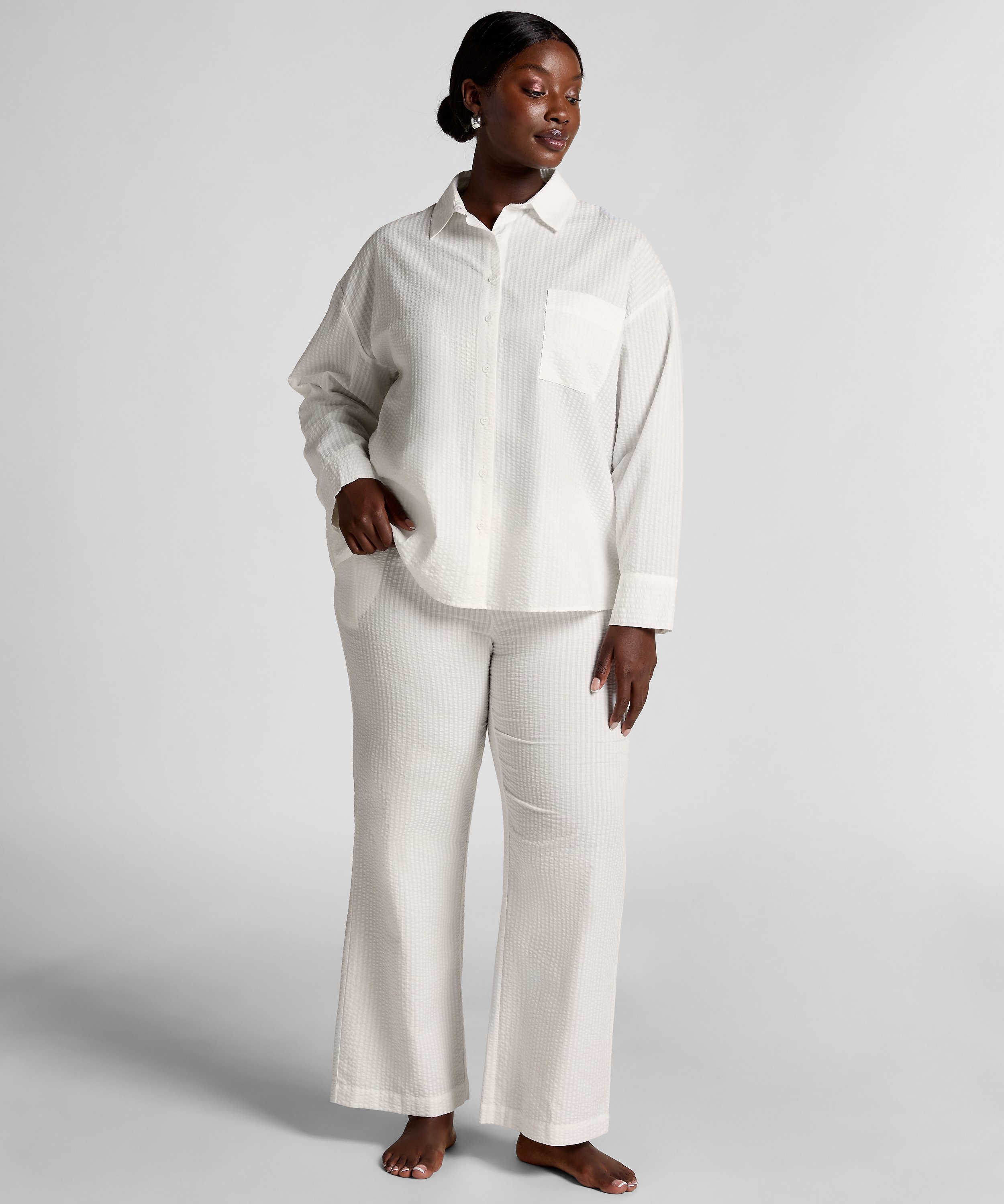 Seersucker Cotton Pyjama Top, White, main