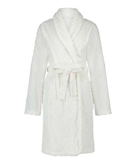 Short Fleece Ribbed Bathrobe, White