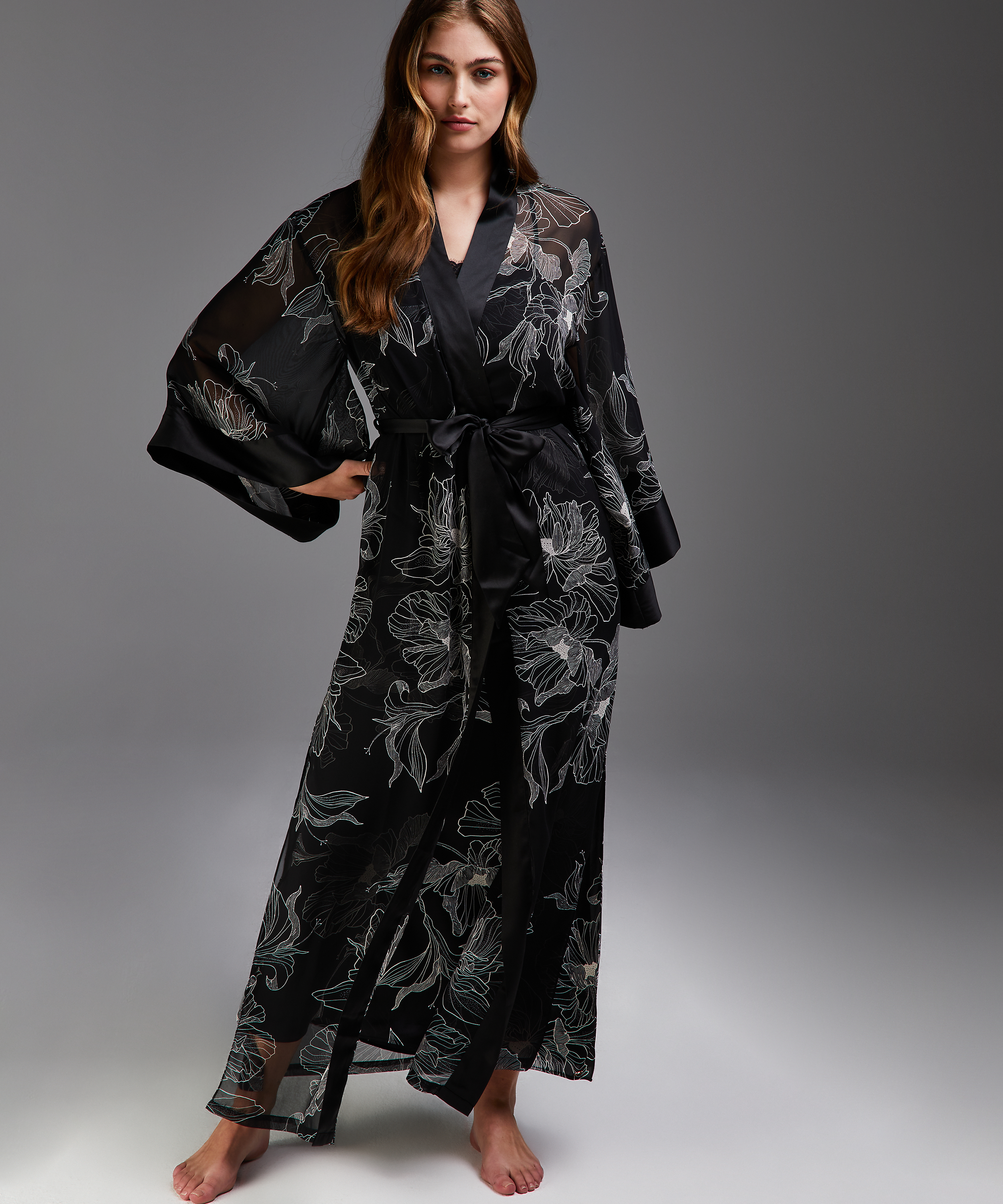 Lotus long chiffon kimono, Black, main