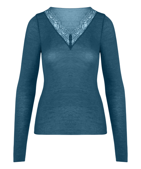 super soft Lace V-Neck Shirt with Cashmere, Blue