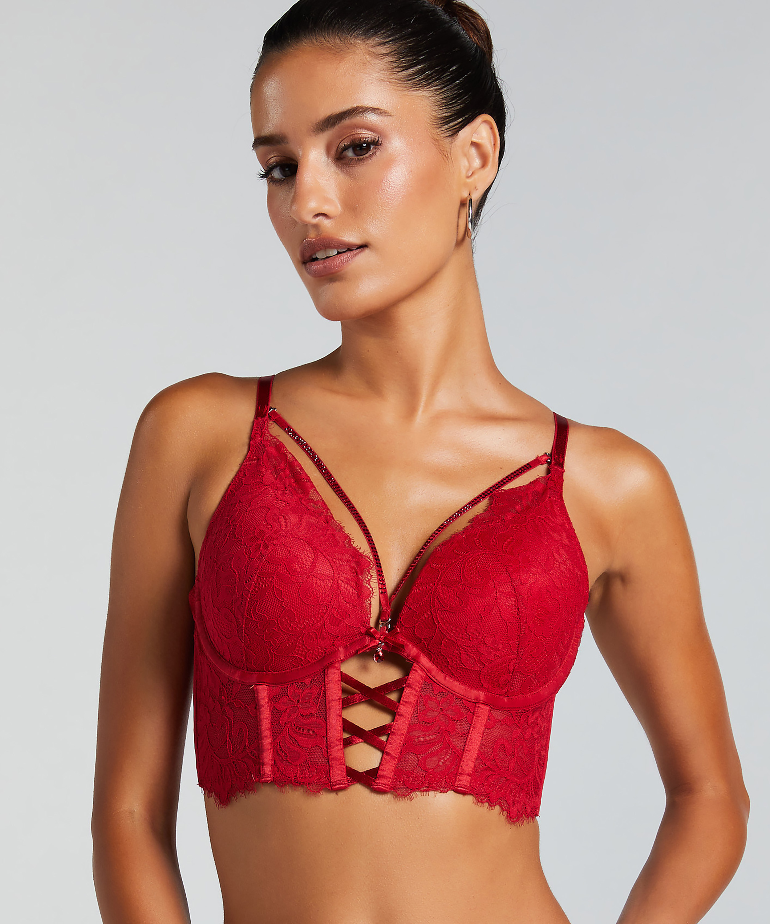 Charlotta Padded Underwired Longline Push-Up Bra, Red, main