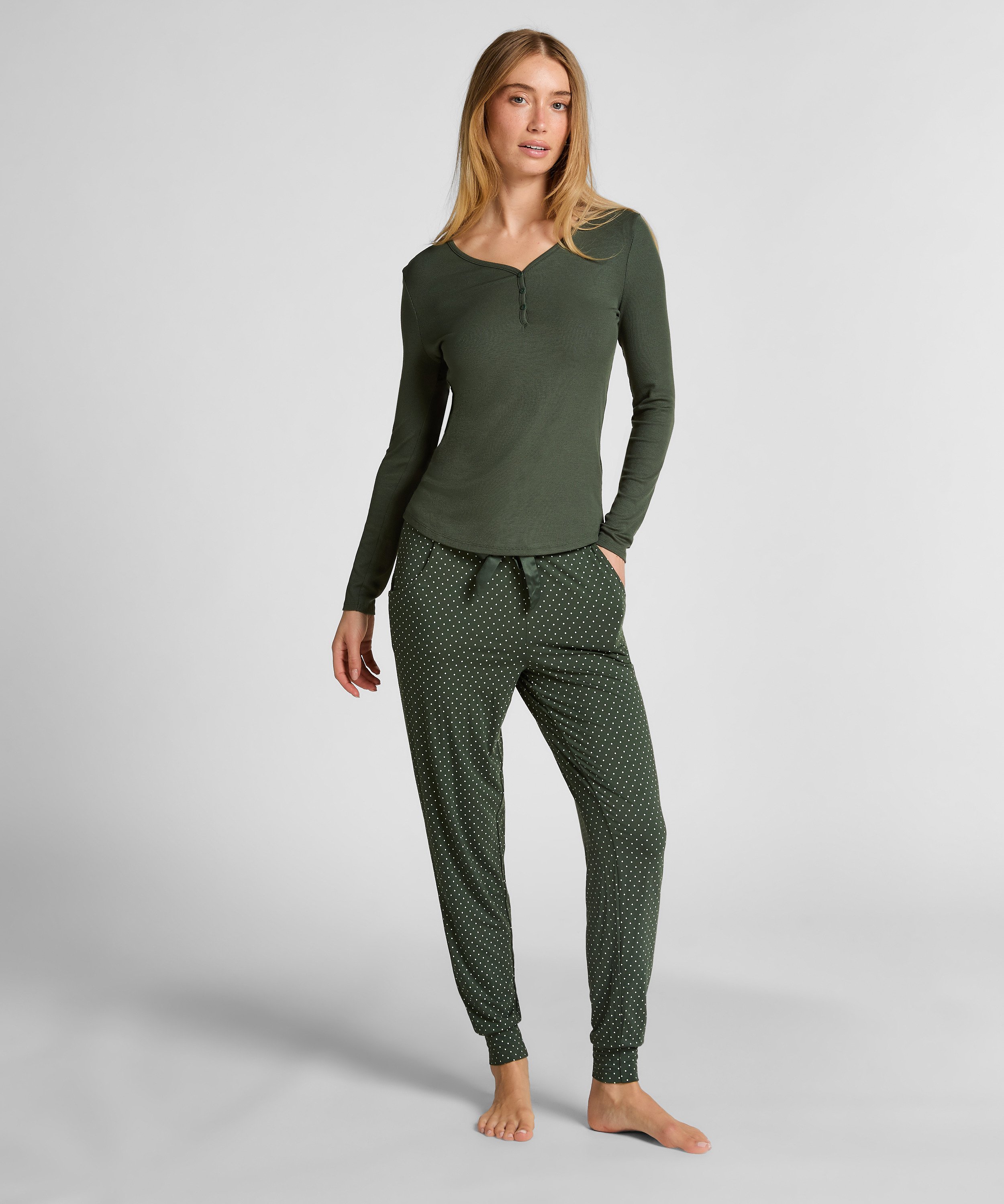 Longsleeved Pyjama Top Henley, Green, main