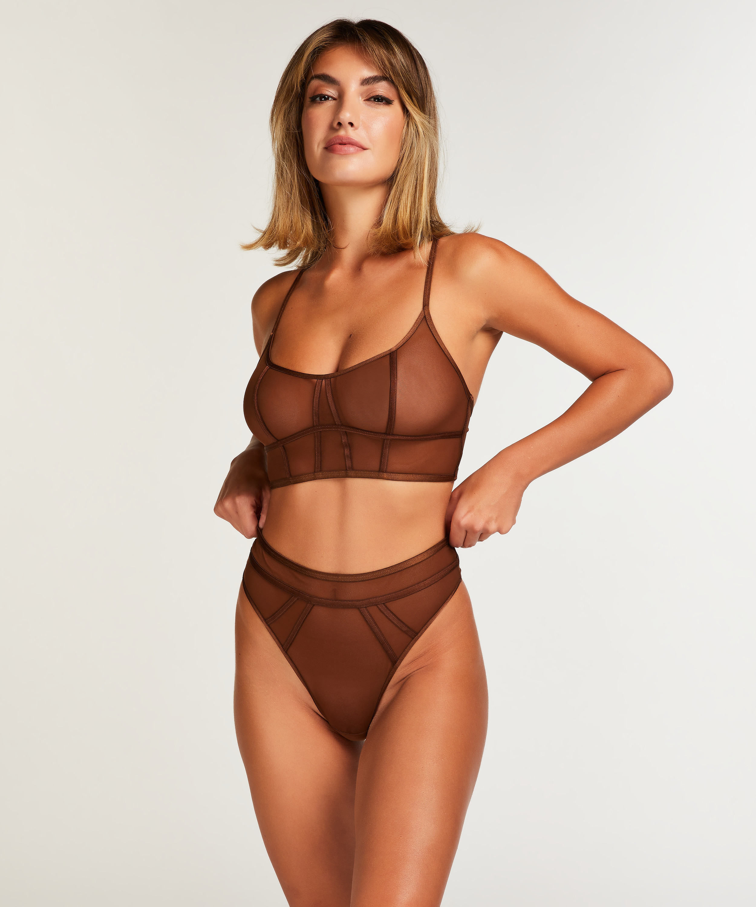 Sexy mesh high-cut thong, Brown, main