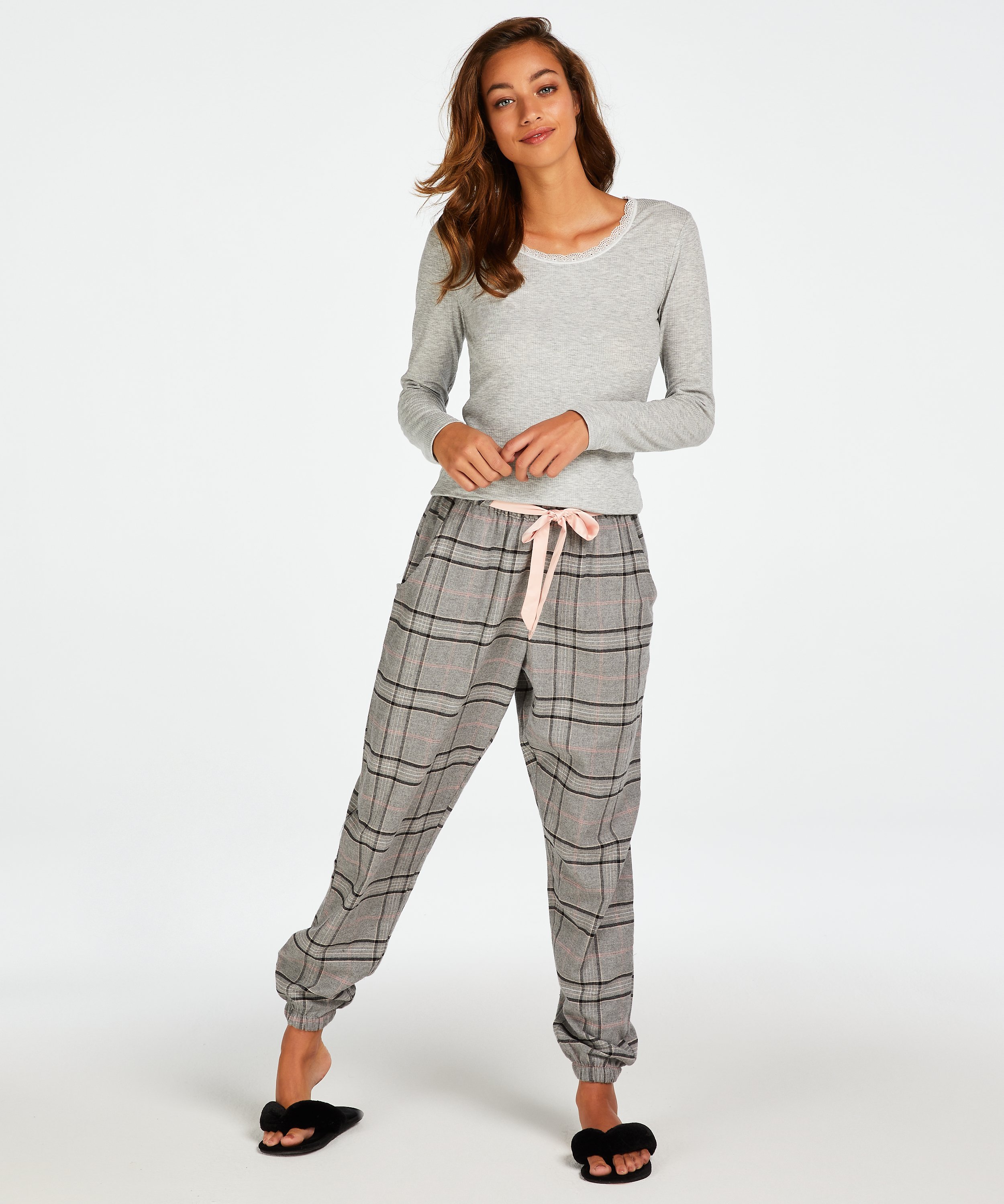 Petite Twill Check Pyjama Pants, Gray, main