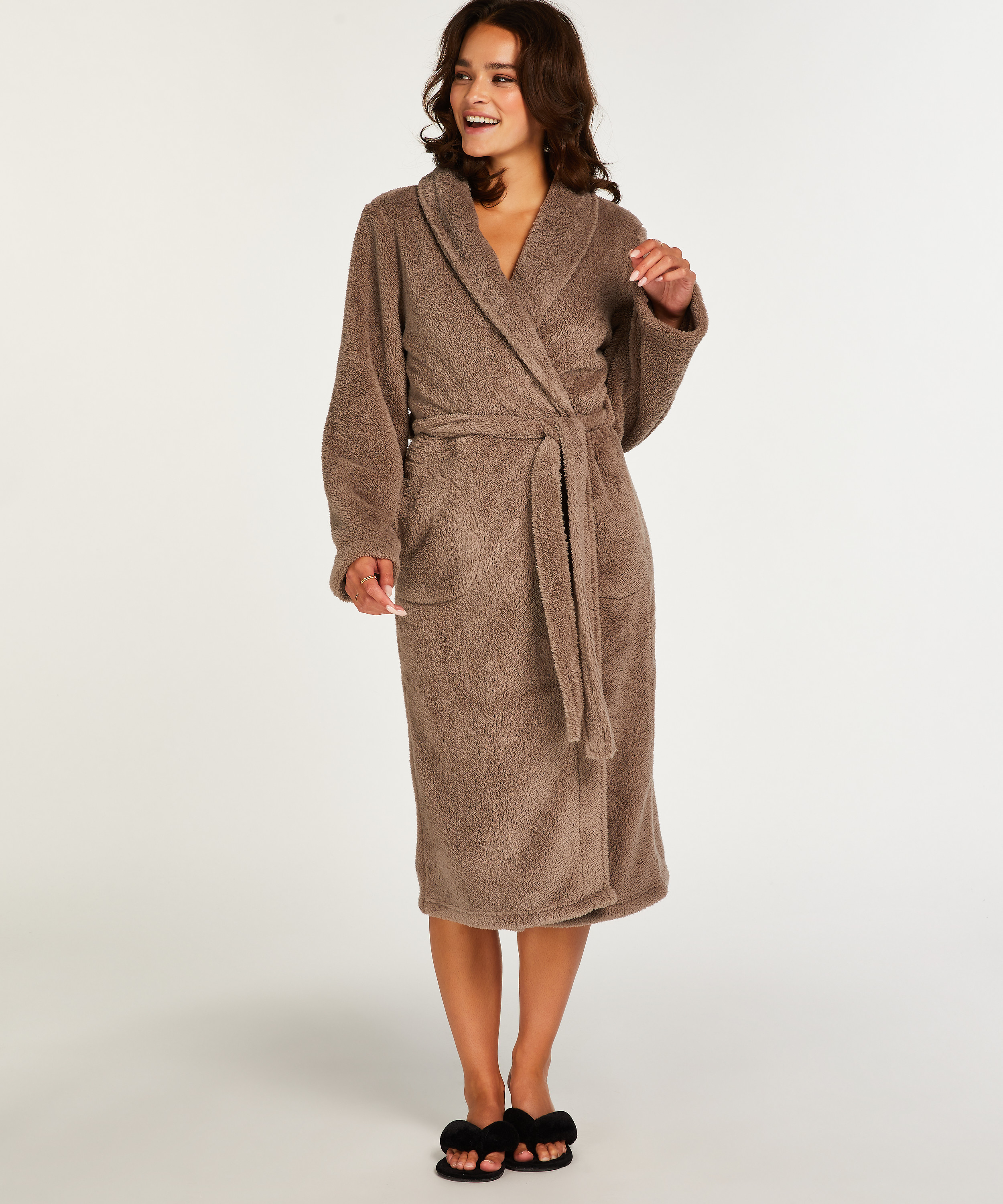 Long Fleece Bathrobe, Beige, main
