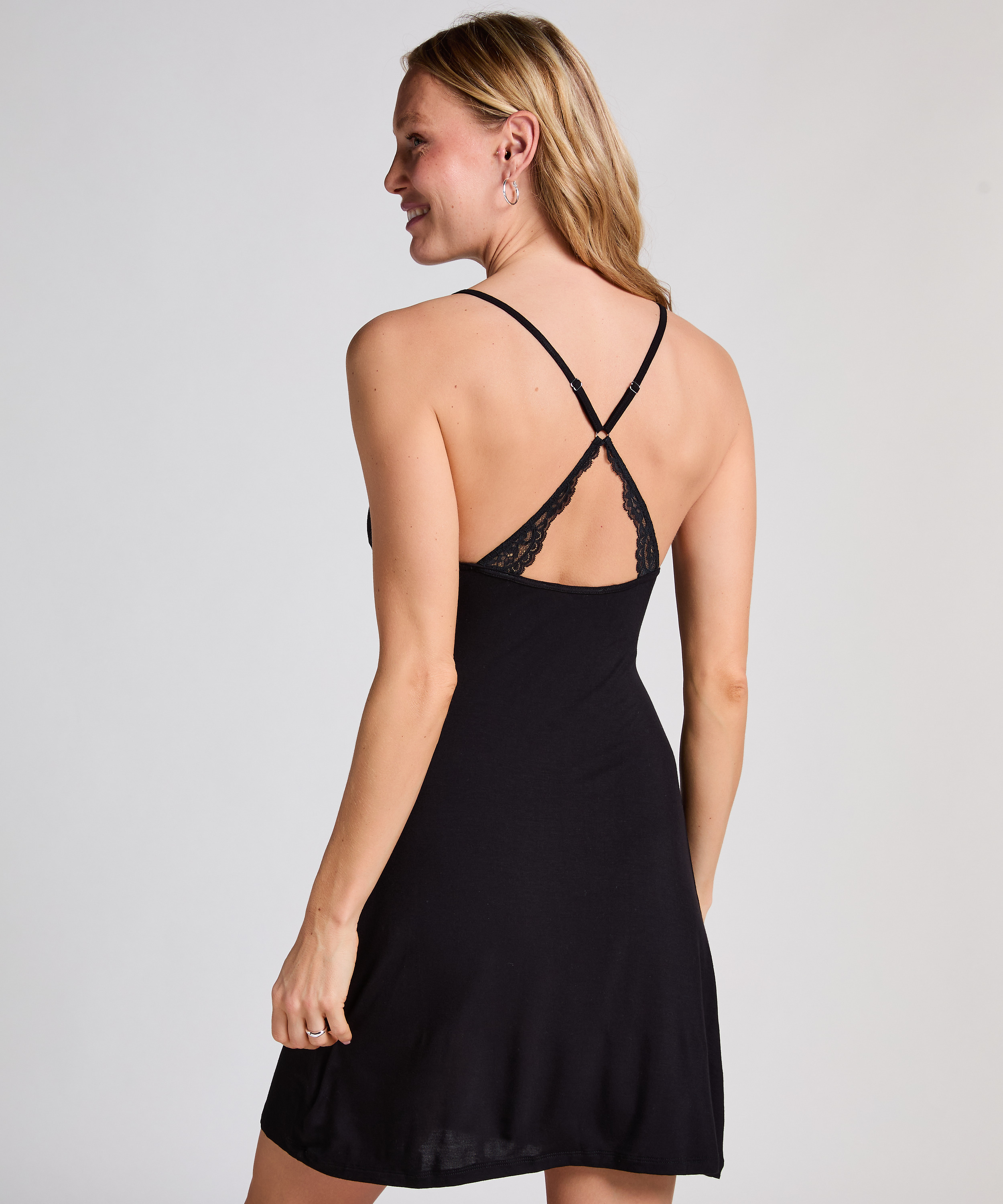 Jersey Lace Back Slipdress, Black, main