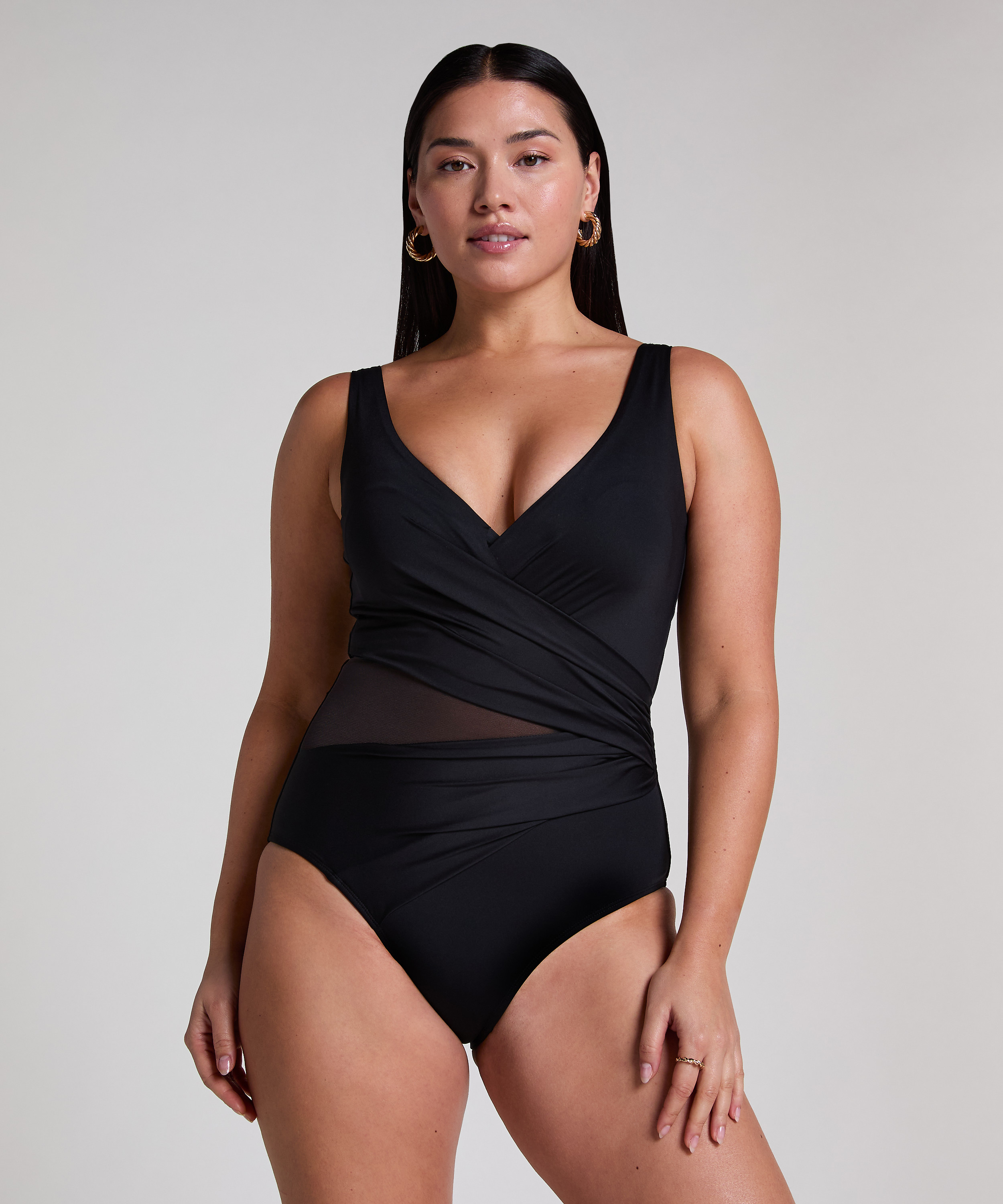 Shaping Shell Mesh Swimsuit, Black, main