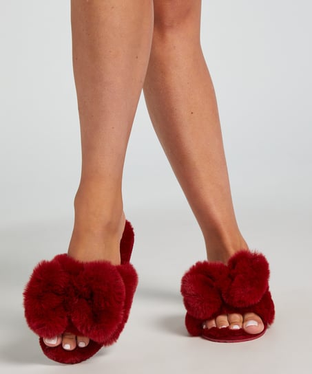 Bow Fake Fur Slippers, Red