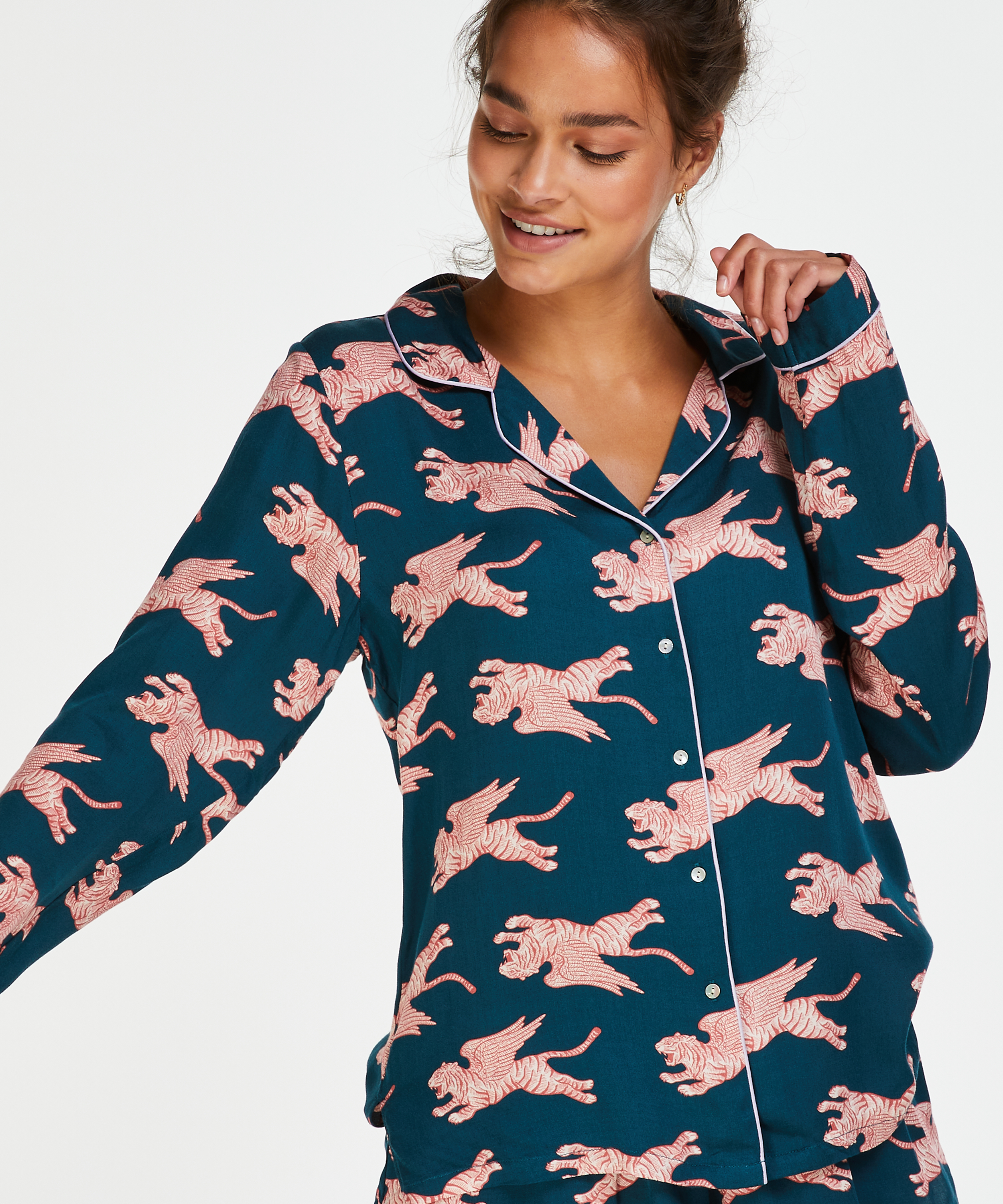 Woven Pyjama Jacket Long Sleeves, Blue, main