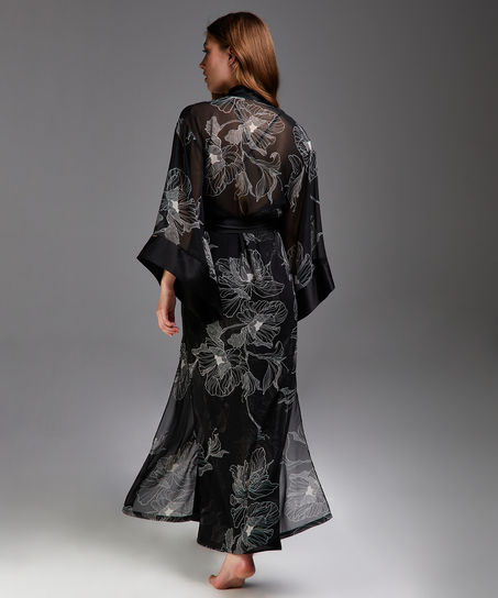Lotus long chiffon kimono, Black