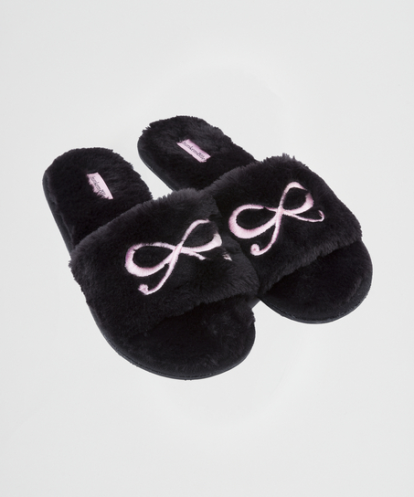 Bow Fake Fur Top slipper, Black