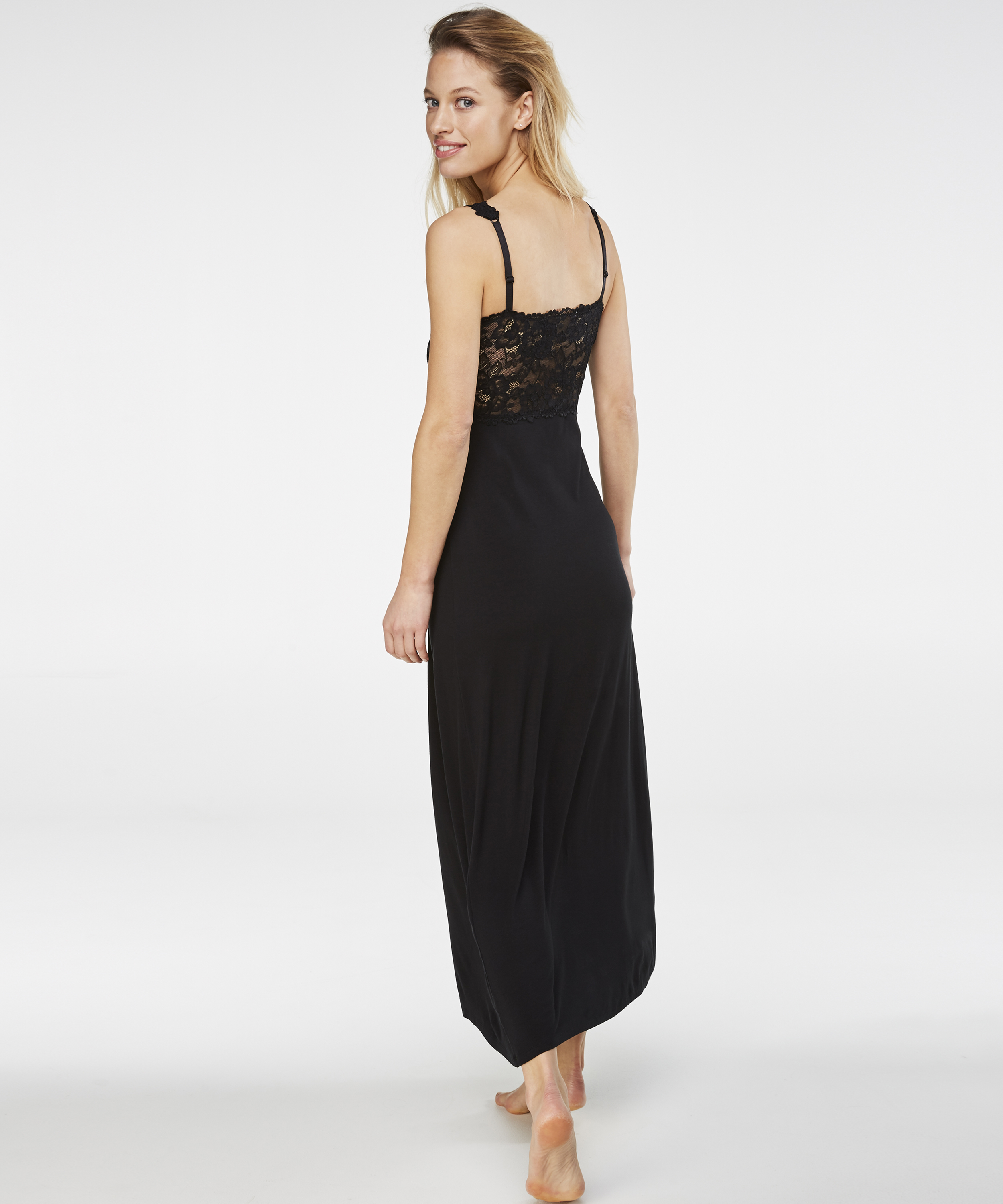 Long slip dress Modal lace, Black, main