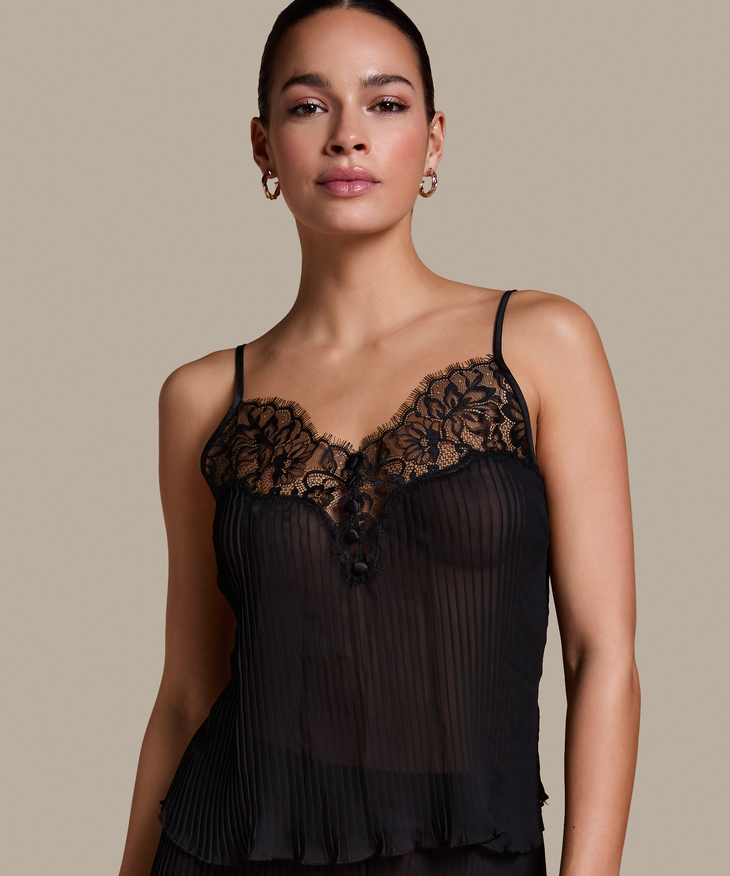 Plisse Lace Cami, Black, main