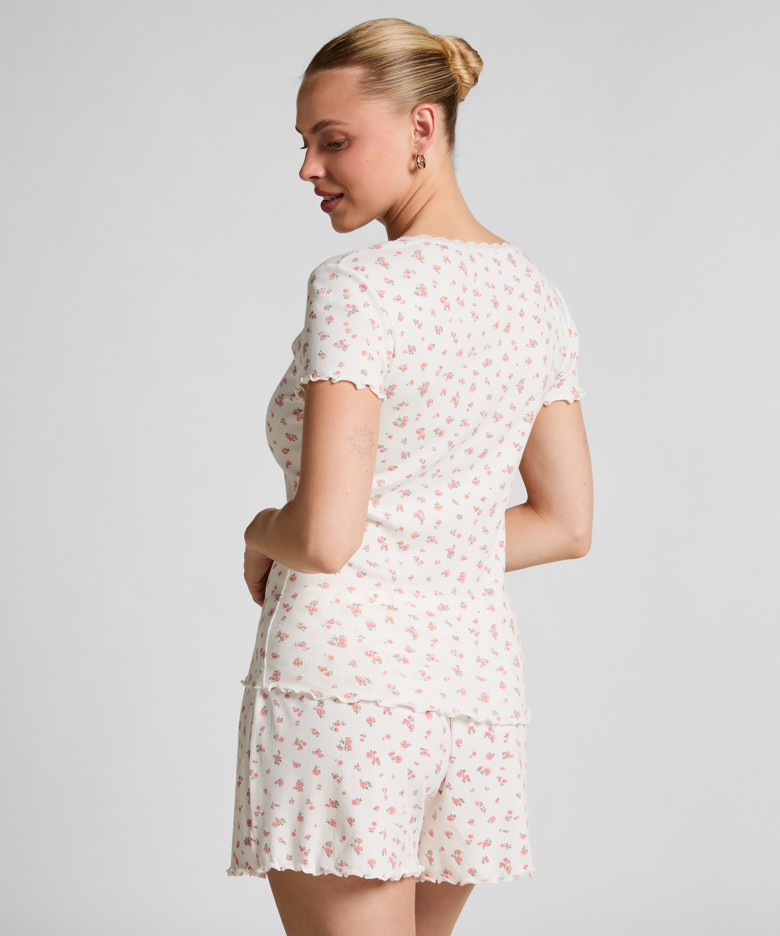 Ribbed Lace Short-sleeved Top, White, main