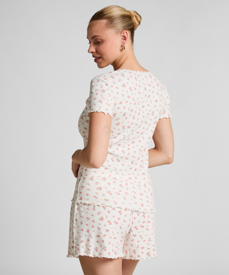 Ribbed Lace Short-sleeved Top, White