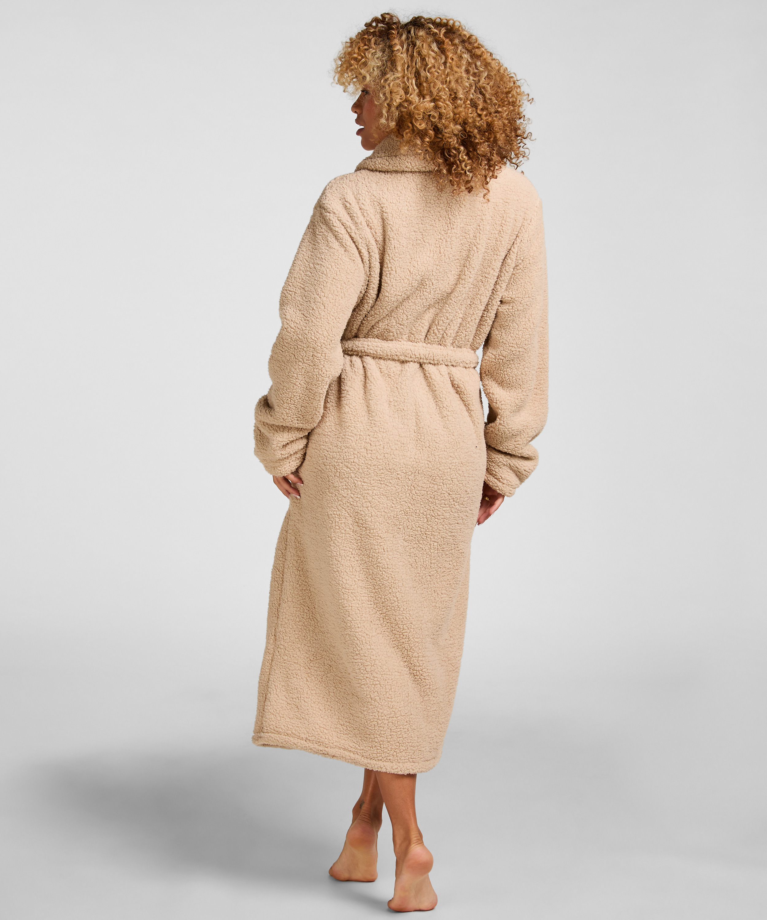 Long Fleece Bathrobe, Beige, main