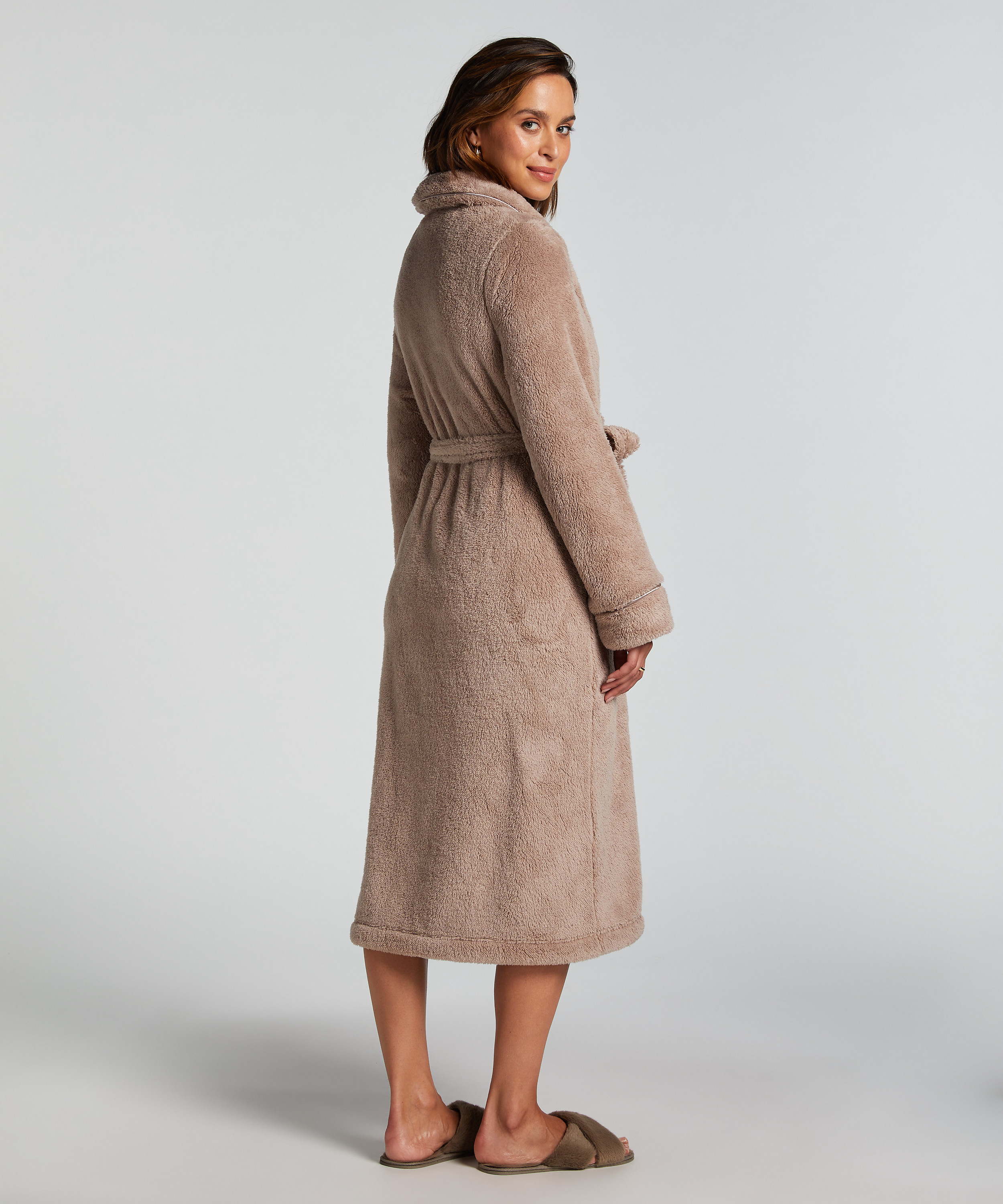 Long Fleece Bathrobe, Beige, main