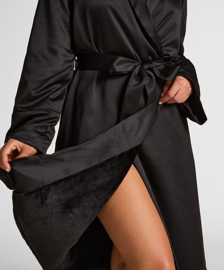 Satin Fleece Bathrobe, Black