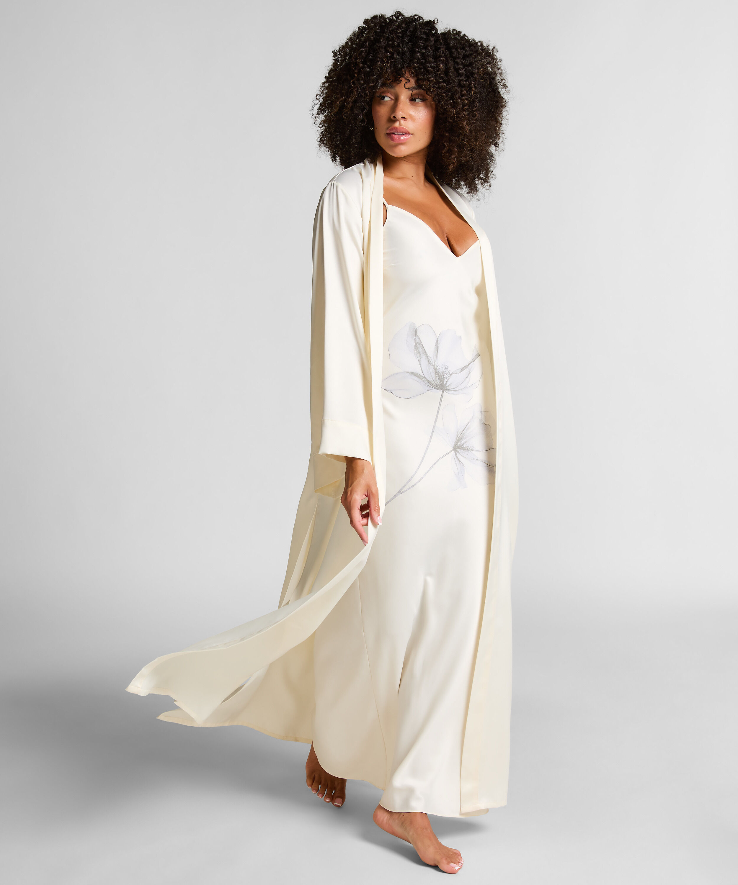 Kimono Long Satin Floral, White