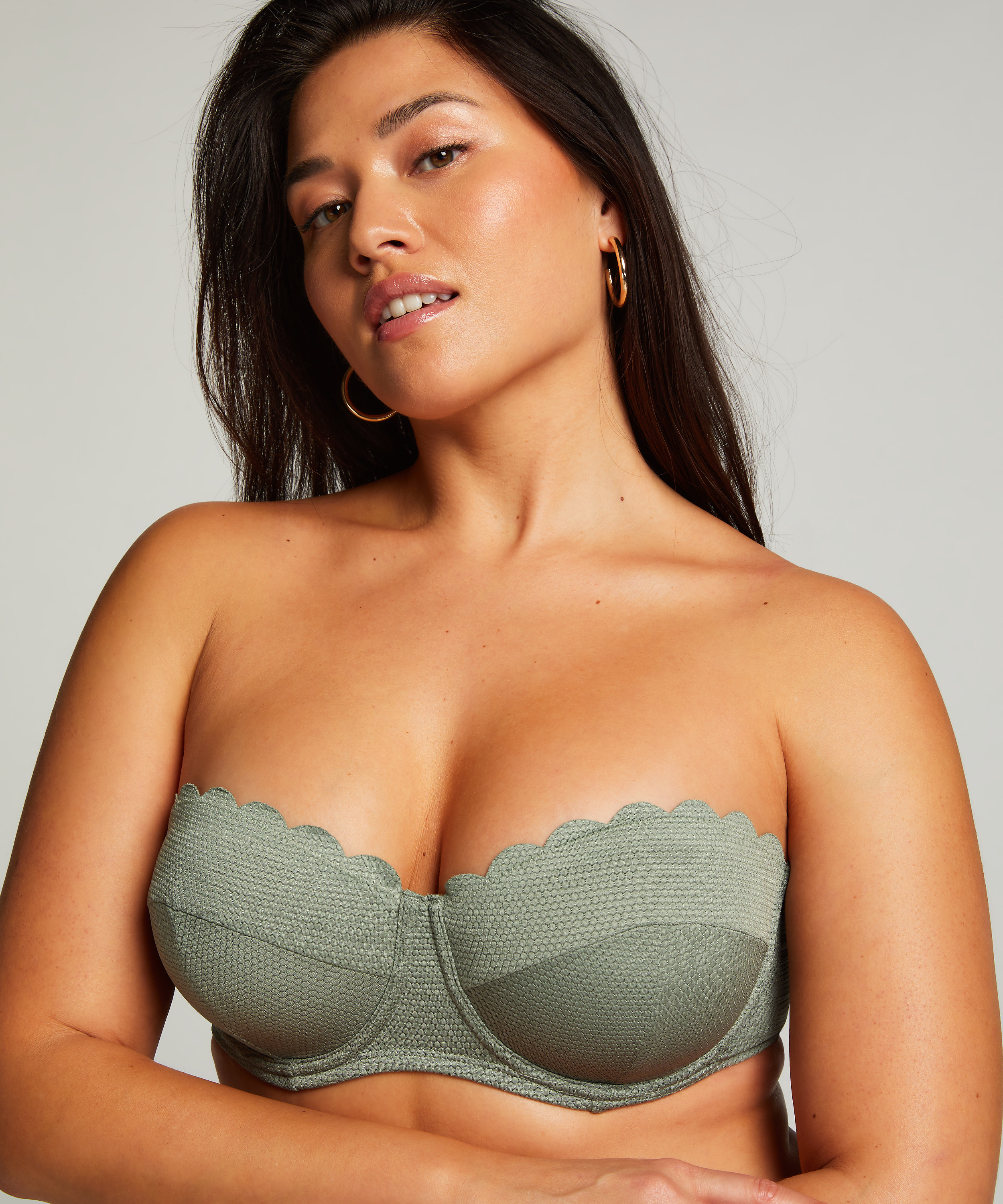 Scallop Padded Strapless Underwired Bikini Top Cup E +, Green, main