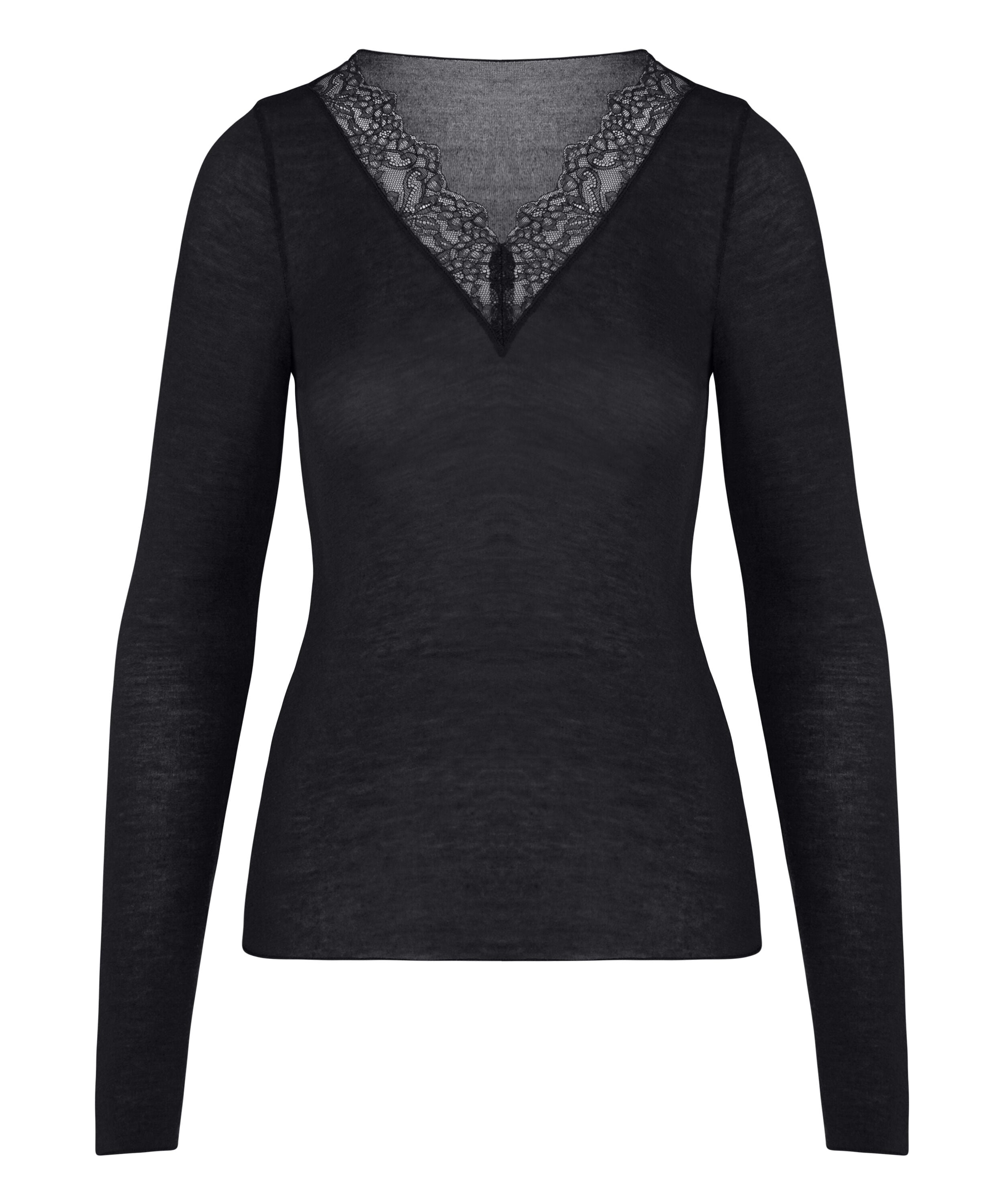 super soft Lace V-Neck Shirt with Cashmere, Black