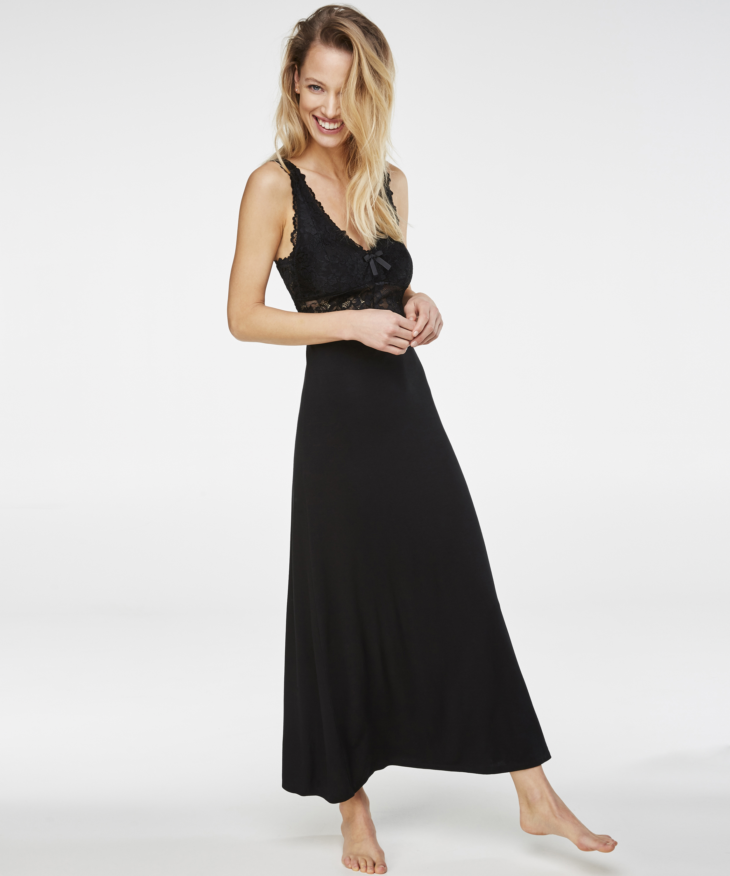 Long slip dress Modal lace, Black, main