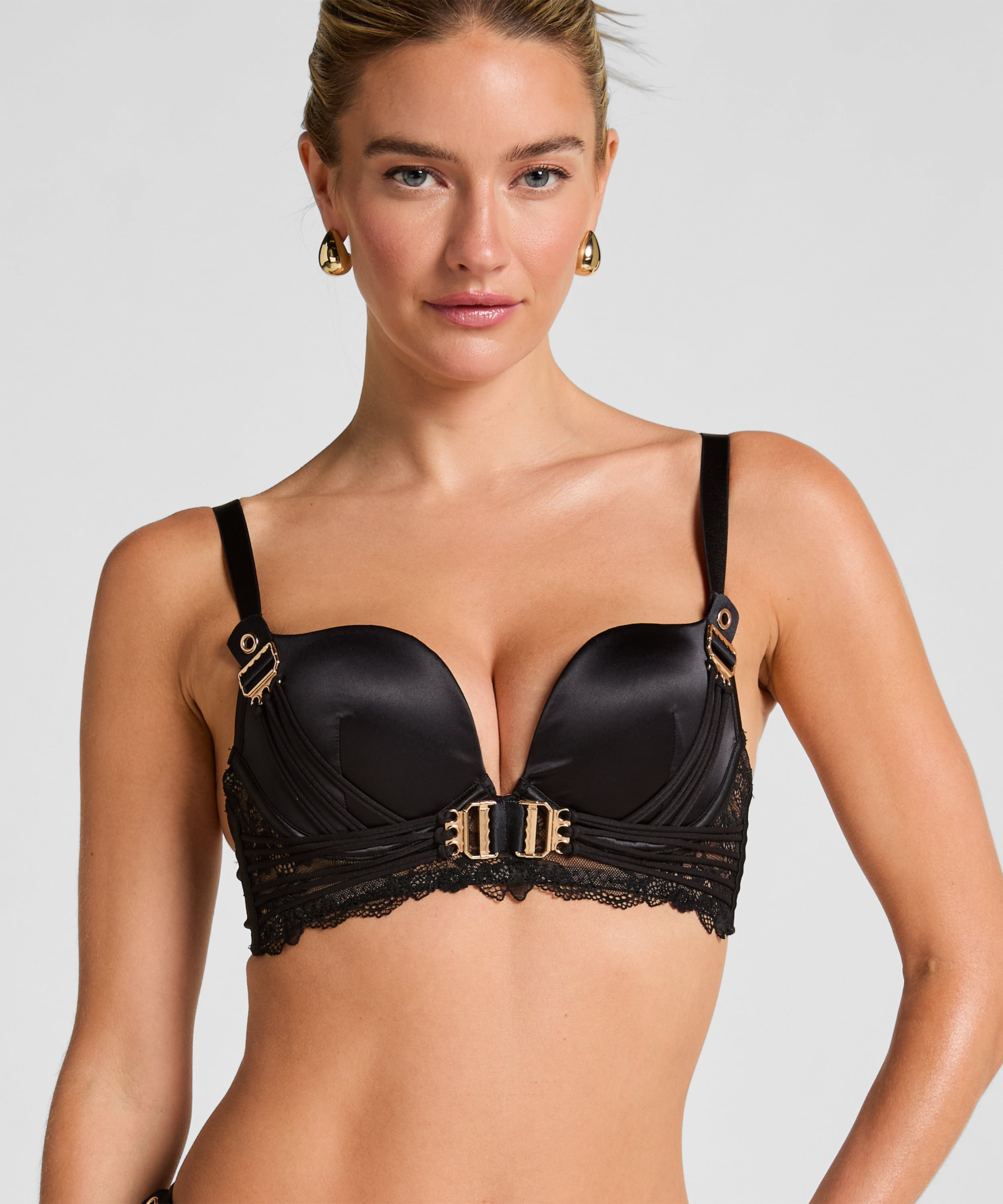 Avela Padded Underwired Longline Push-Up Bra, Black, main