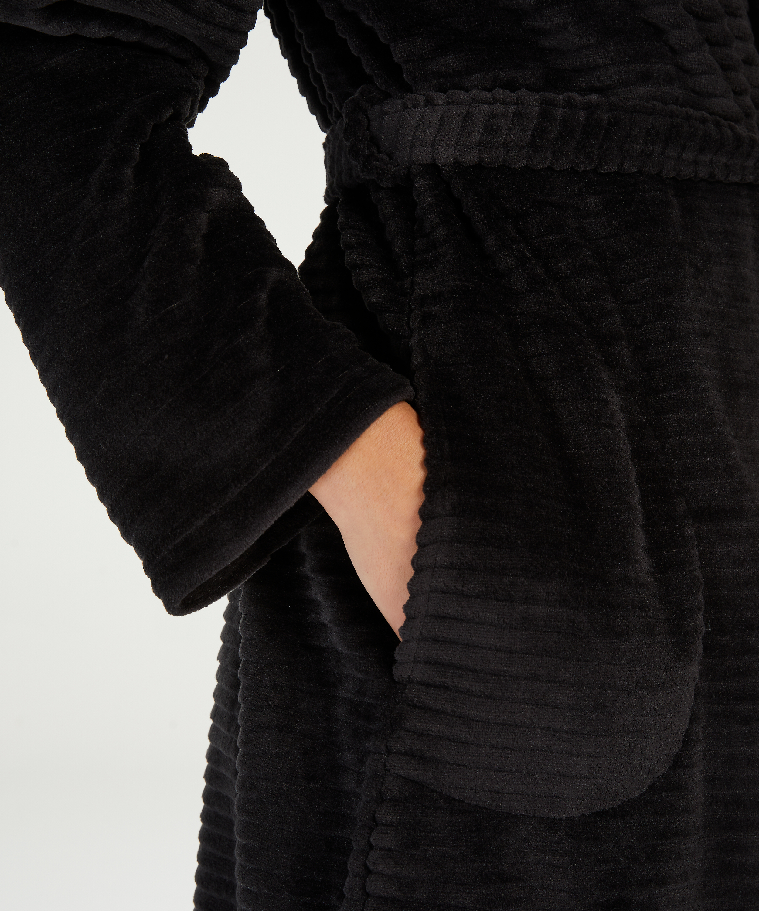 Short Fleece Ribbed Bathrobe, Black, main