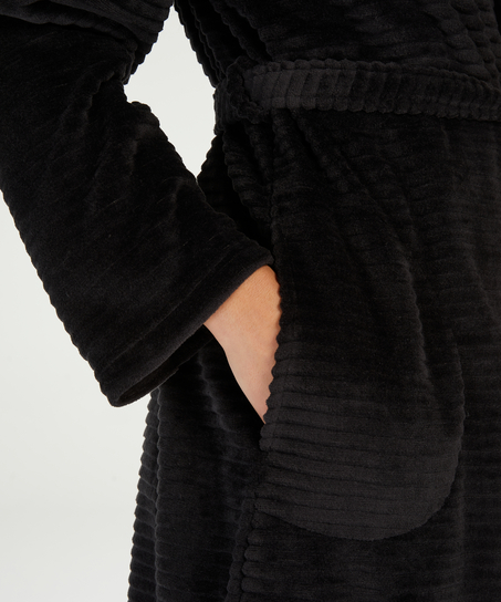 Short Fleece Ribbed Bathrobe, Black