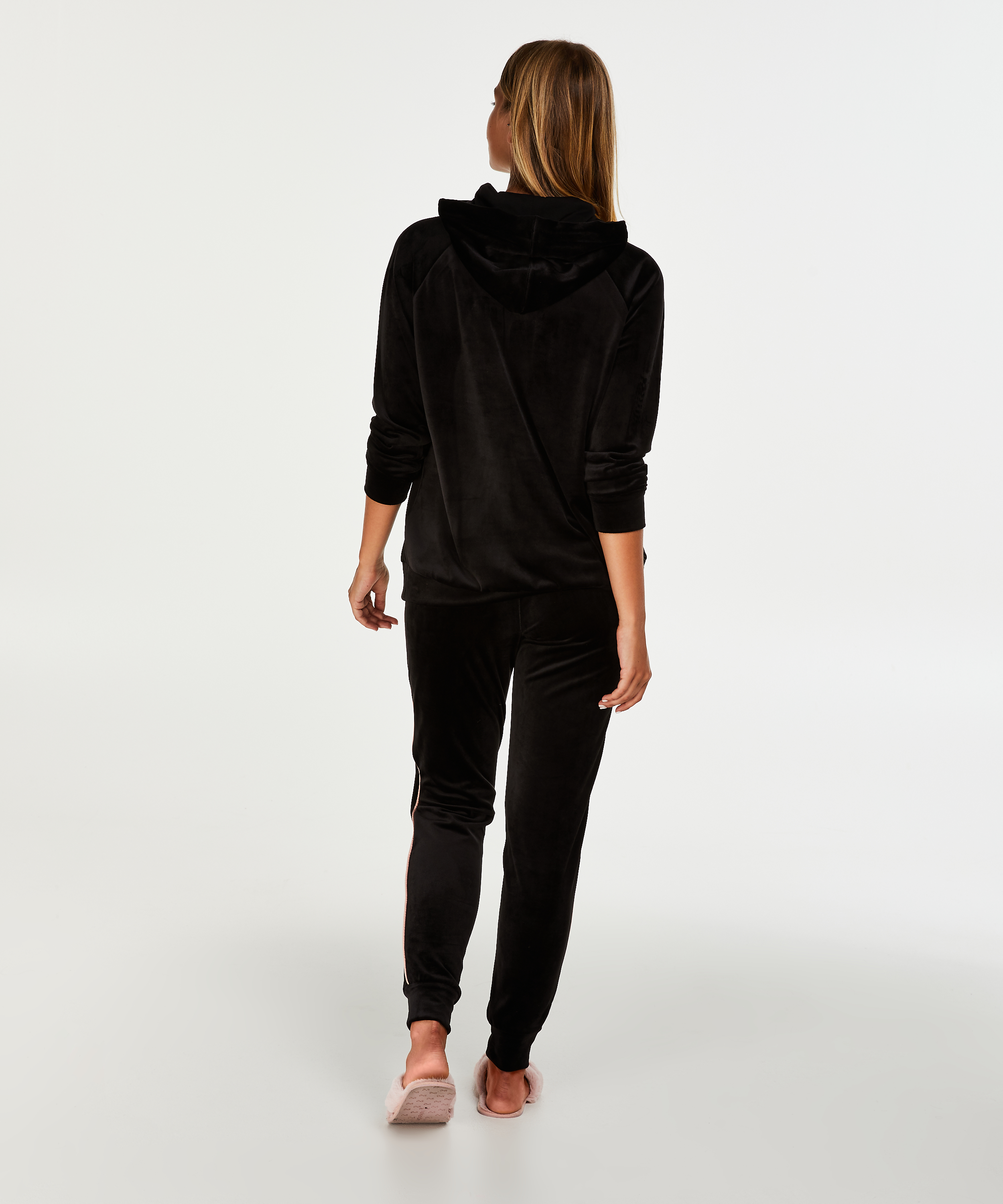 Velvet Long-Sleeved Pyjama Top, Black, main