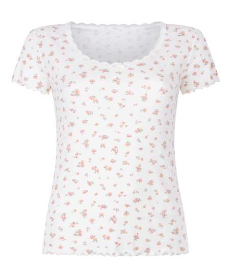 Ribbed Lace Short-sleeved Top, White