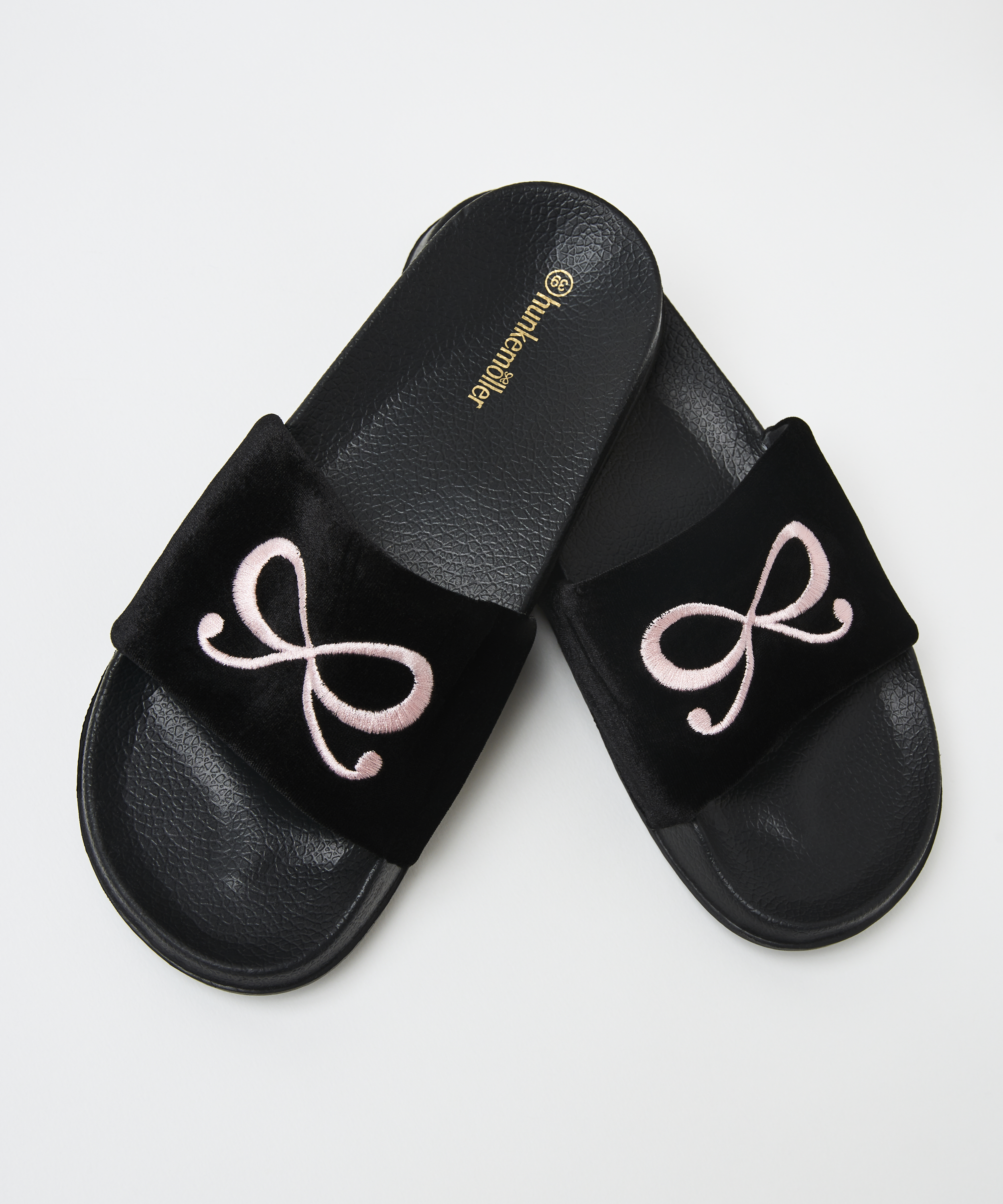 Velvet Bow Slider Slippers, Black, main
