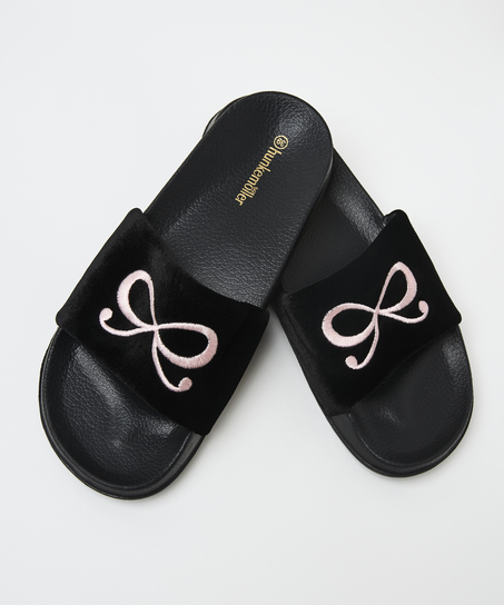 Velvet Bow Slider Slippers, Black