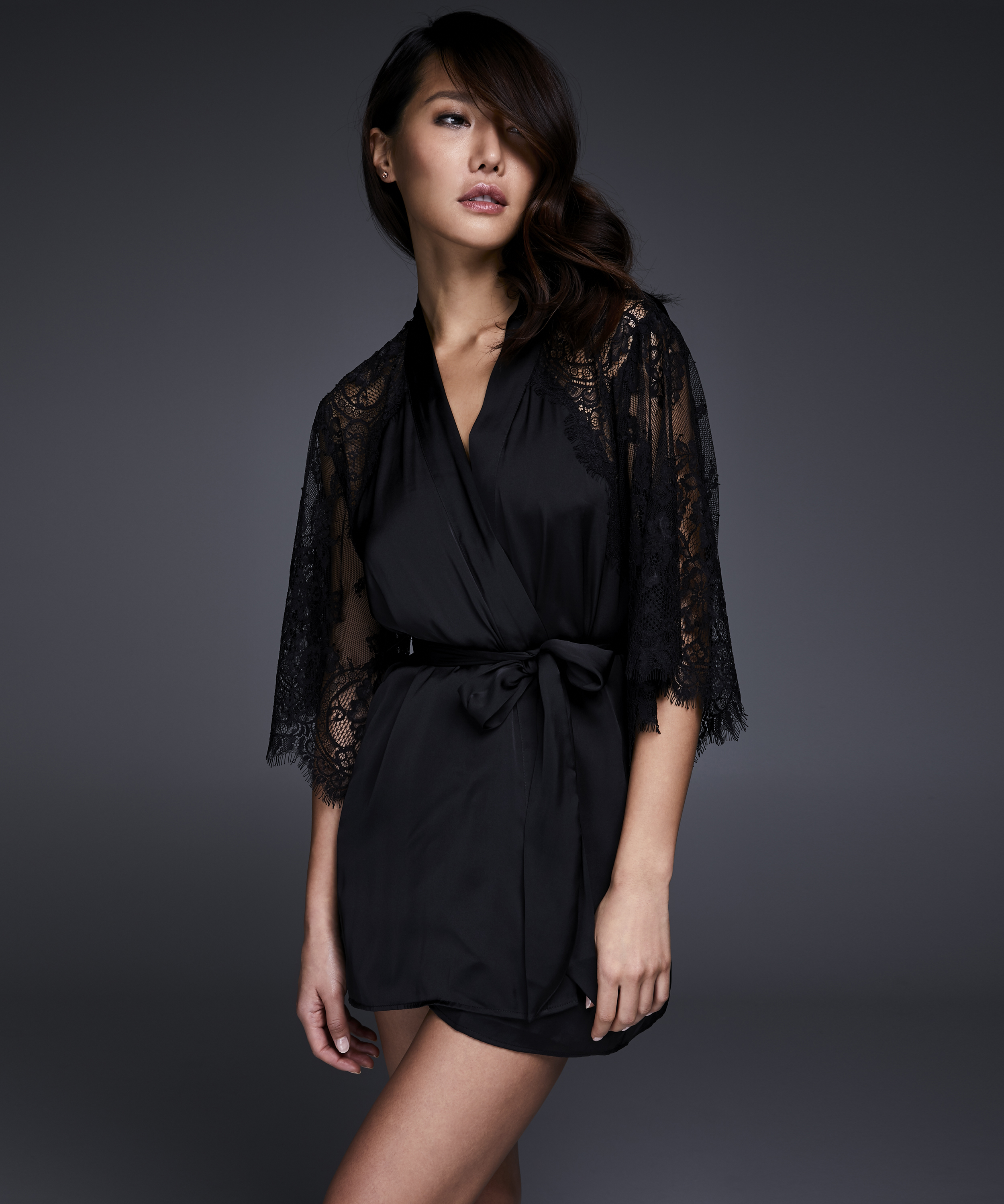 Satin Lace Flared Kimono, Black, main