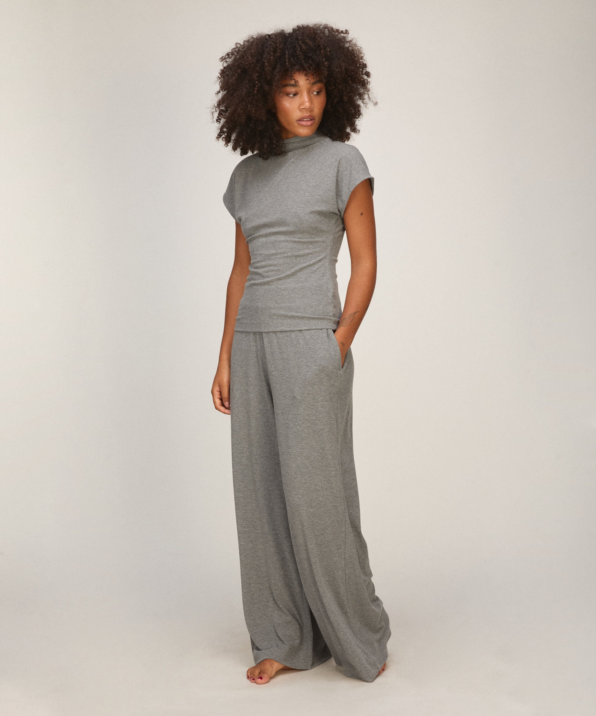 Top Short Sleeves Rib Mockneck, Gray