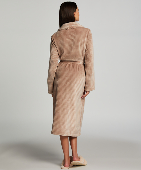 Long Fleece Ribbed Bathrobe, Beige