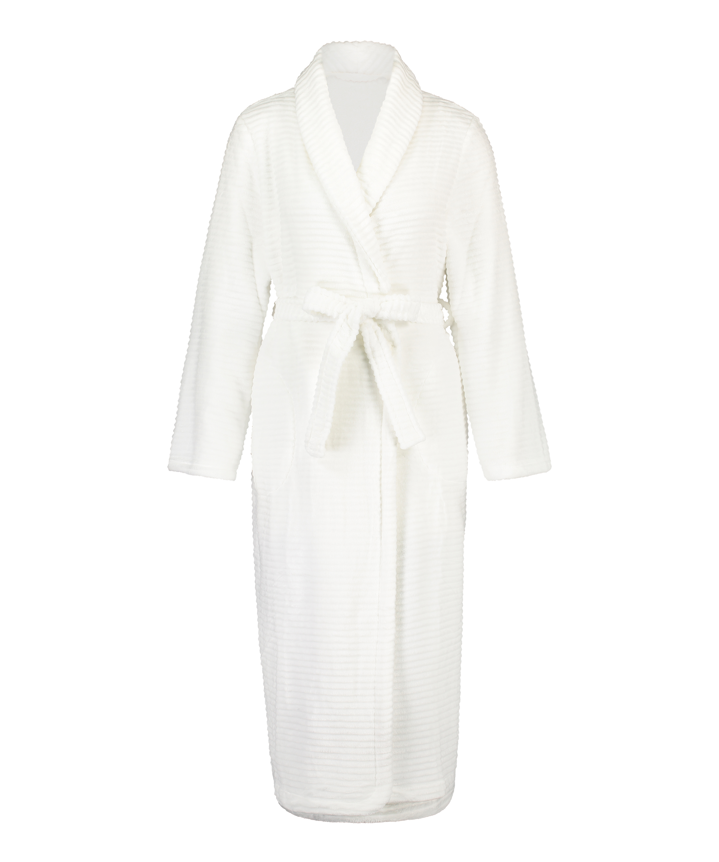 Long Fleece Ribbed Bathrobe, White, main