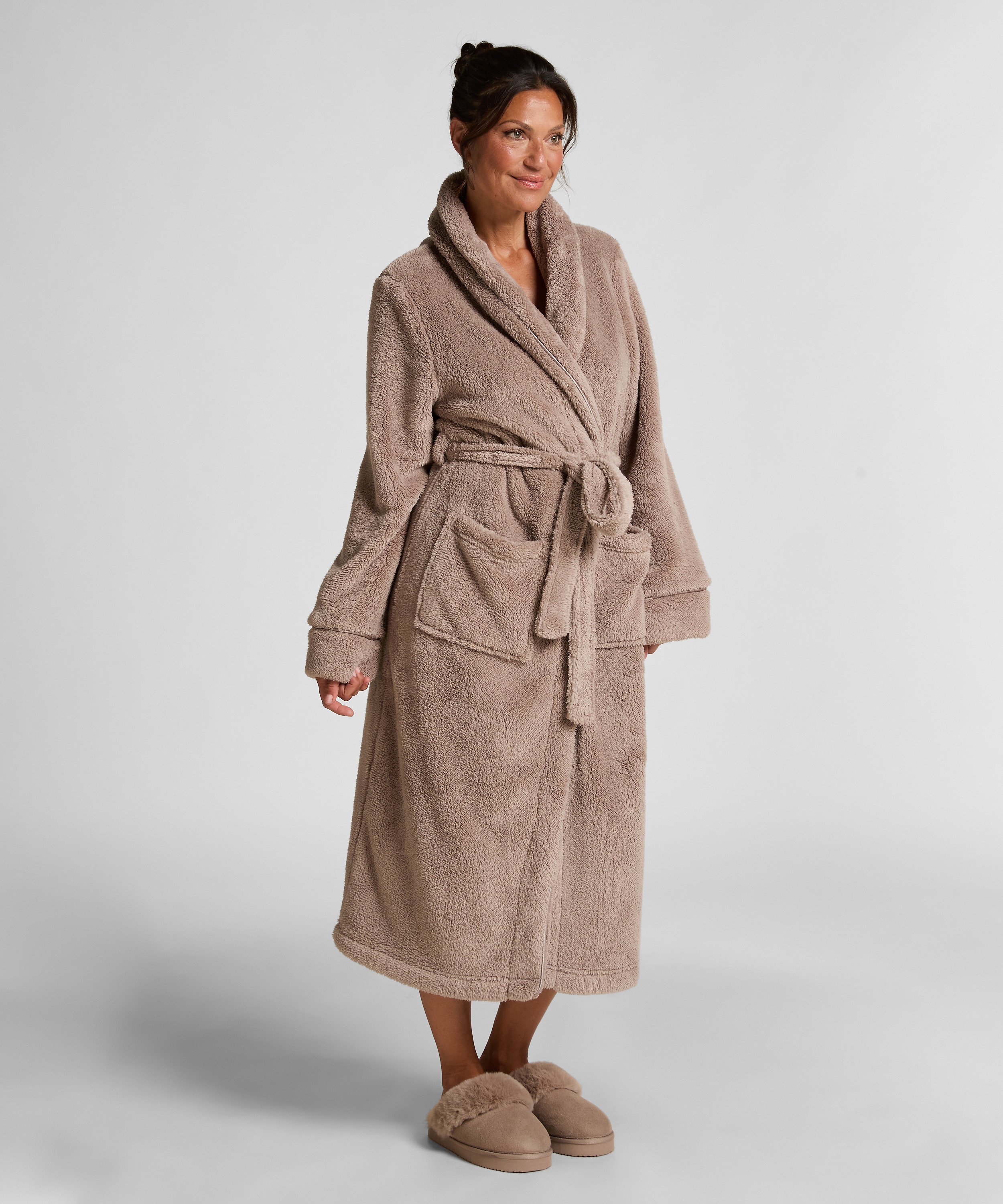 Long Fleece Bathrobe, Beige, main