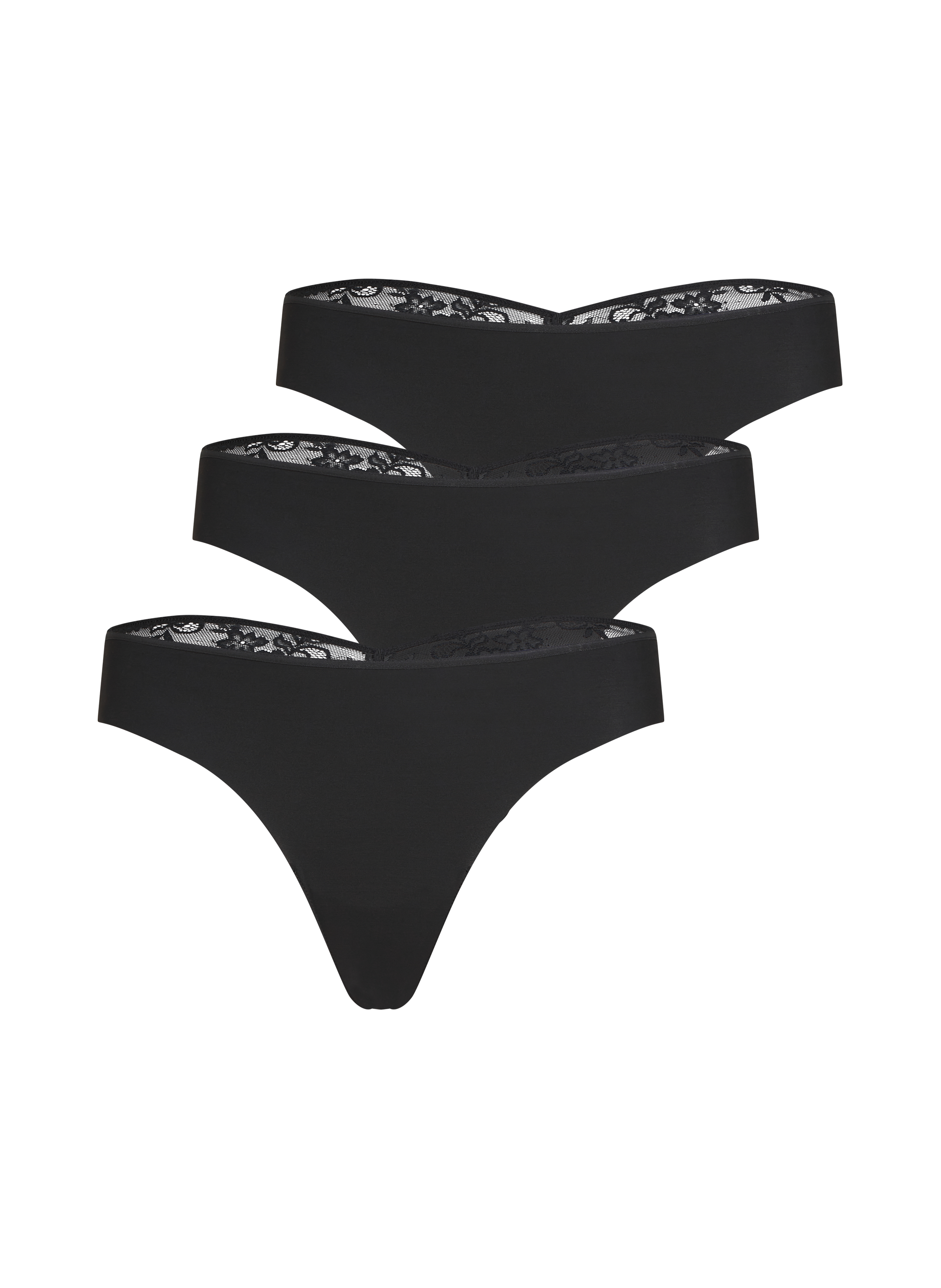 3 Pack Lace Black Invisible Thong, Black, main