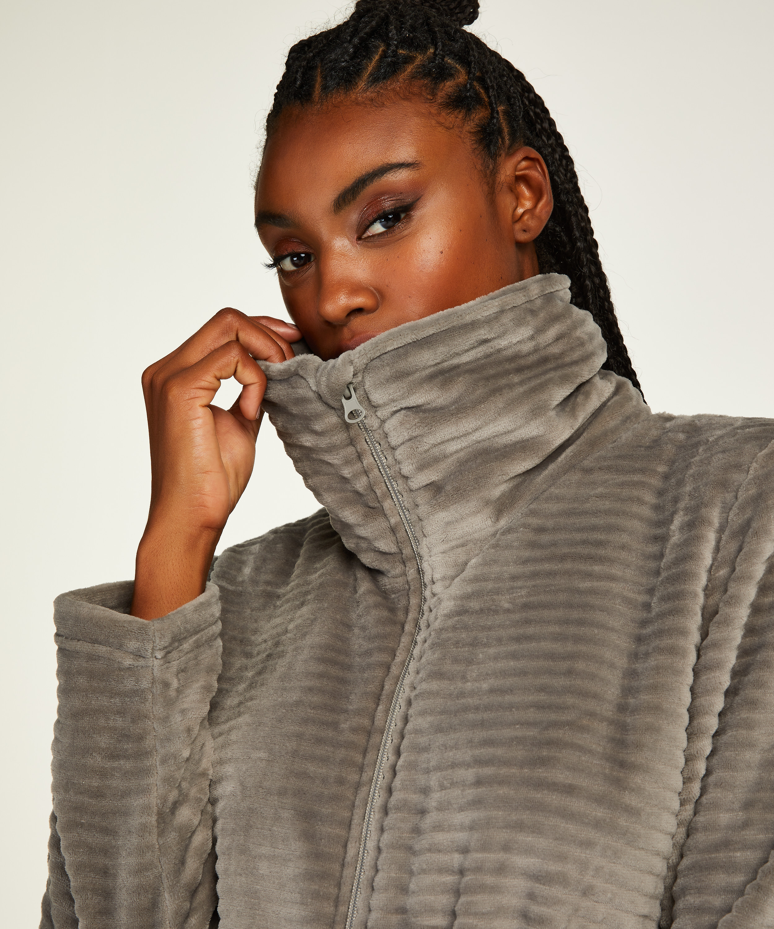 Fleece Zip Bathrobe, Gray, main