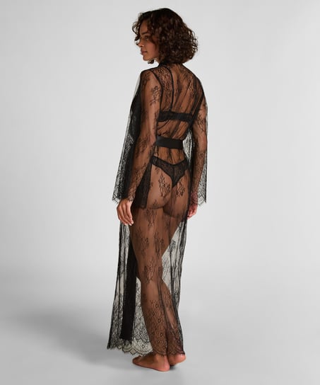 Long Allover Lace Kimono, Black