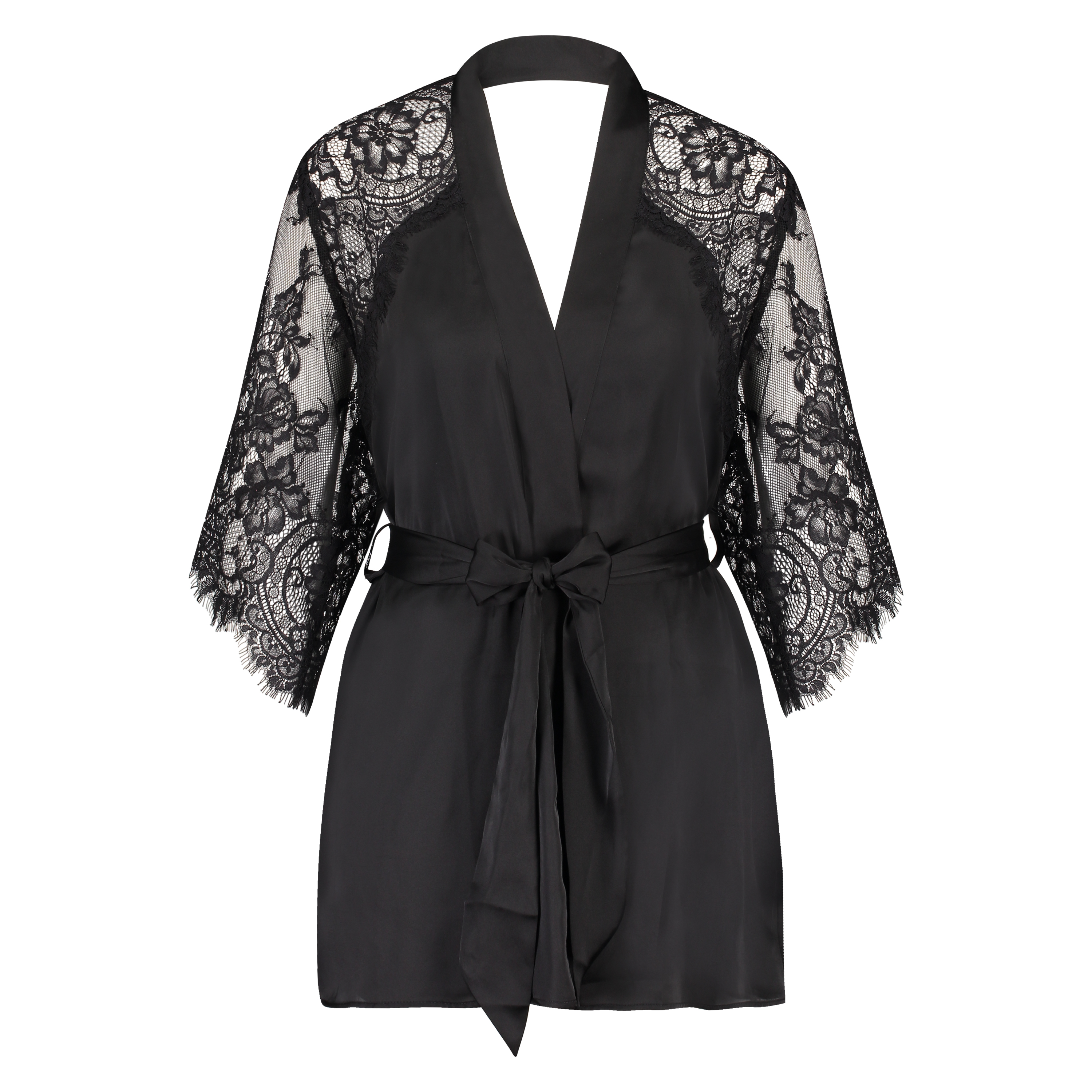 Satin Lace Flared Kimono, Black, main