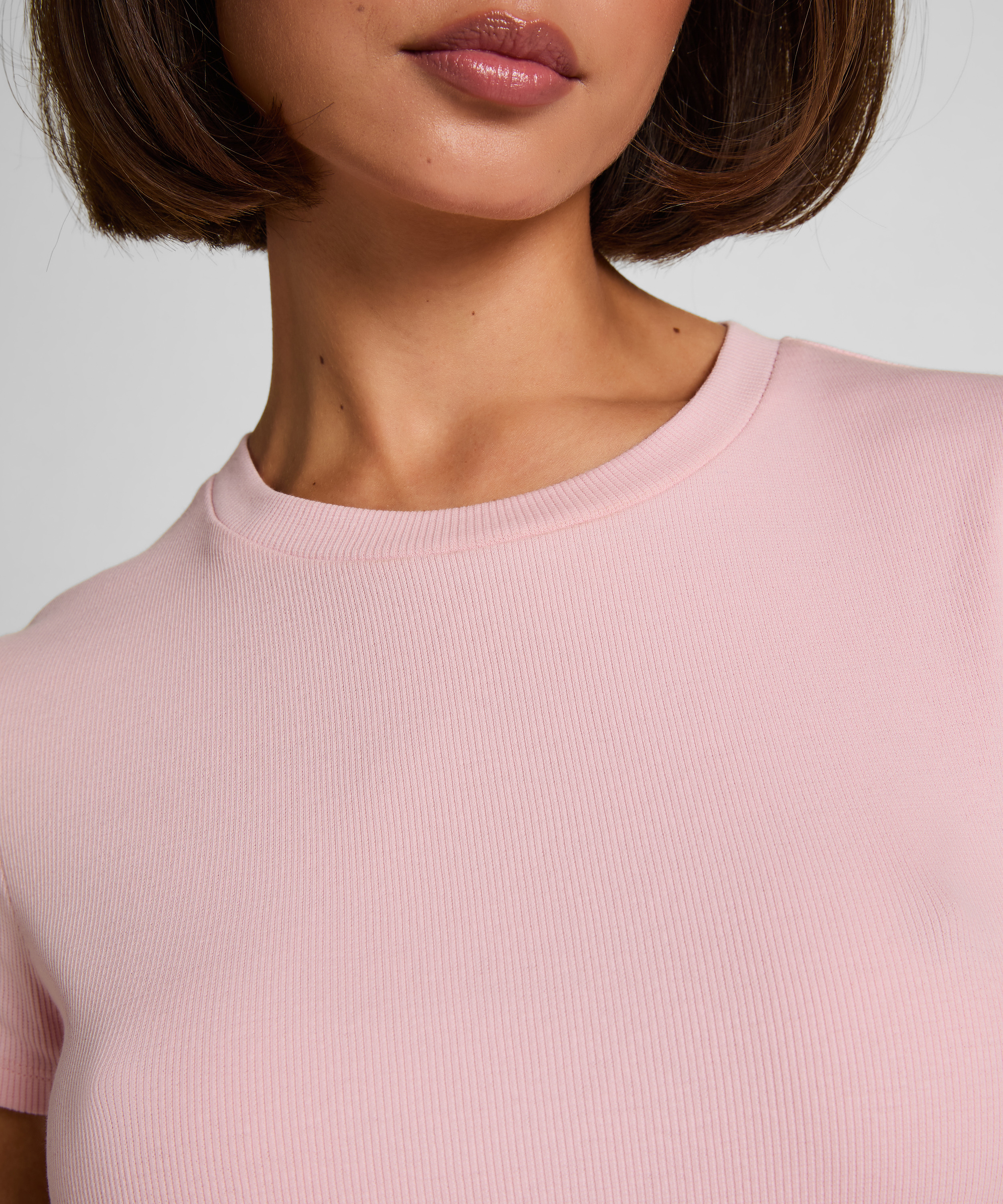Ribbed Crew Neck Short-Sleeved Pyjama Top, Pink, main