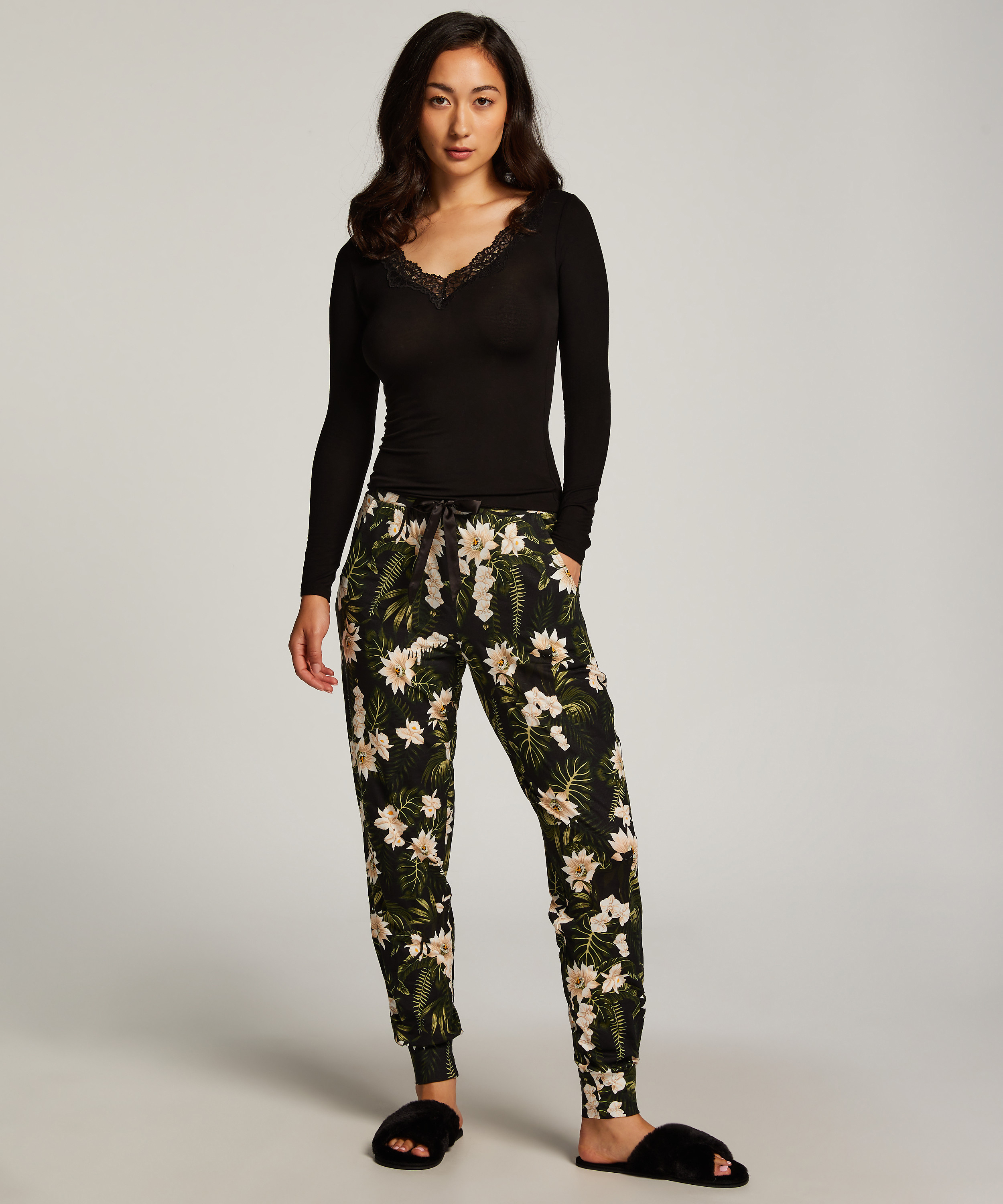 Jersey Long-sleeved Pyjama Top, Black, main