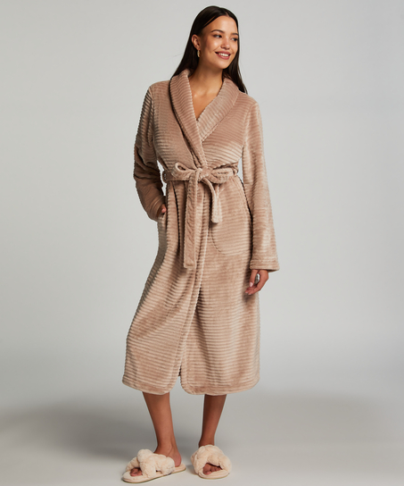 Long Fleece Ribbed Bathrobe, Beige