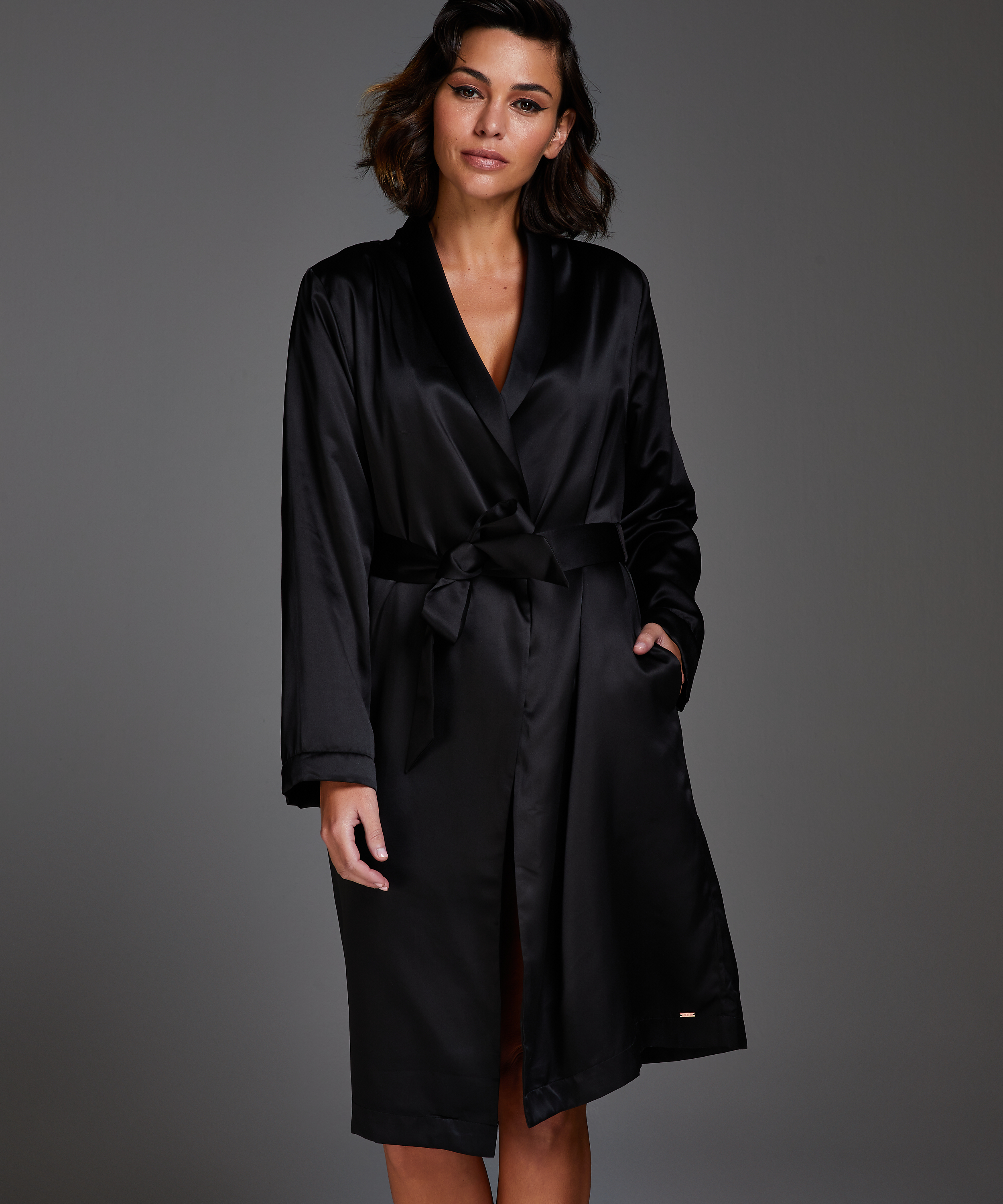 Satin Fleece Bathrobe, Black, main